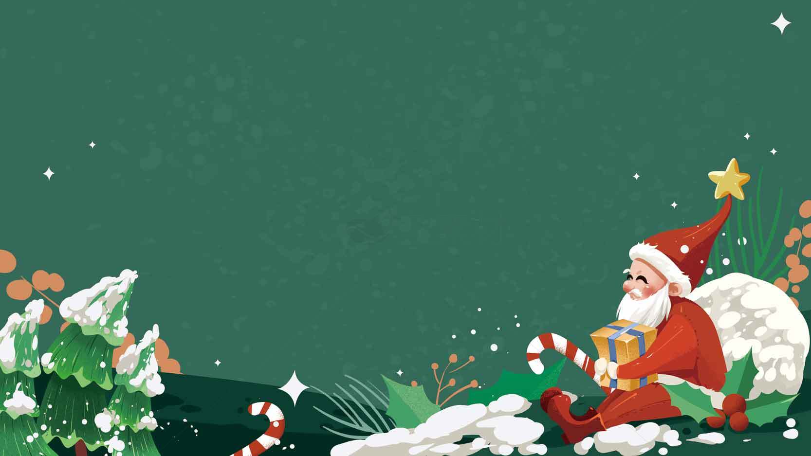 圣诞节绿色背景插画：圣诞老人和礼物素材