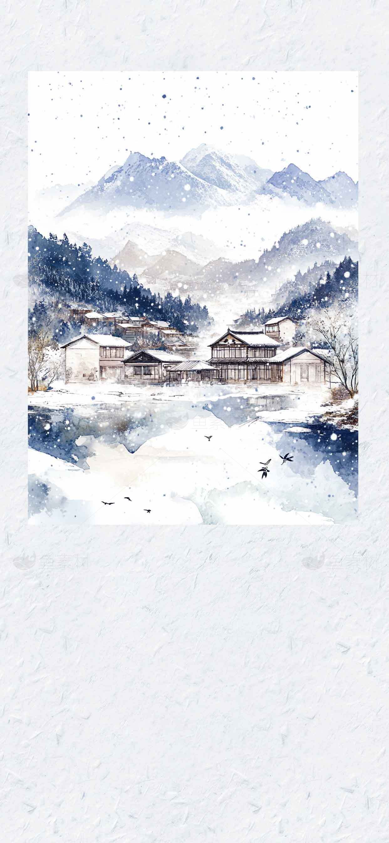 冬日山水雪景水墨画意境图素材