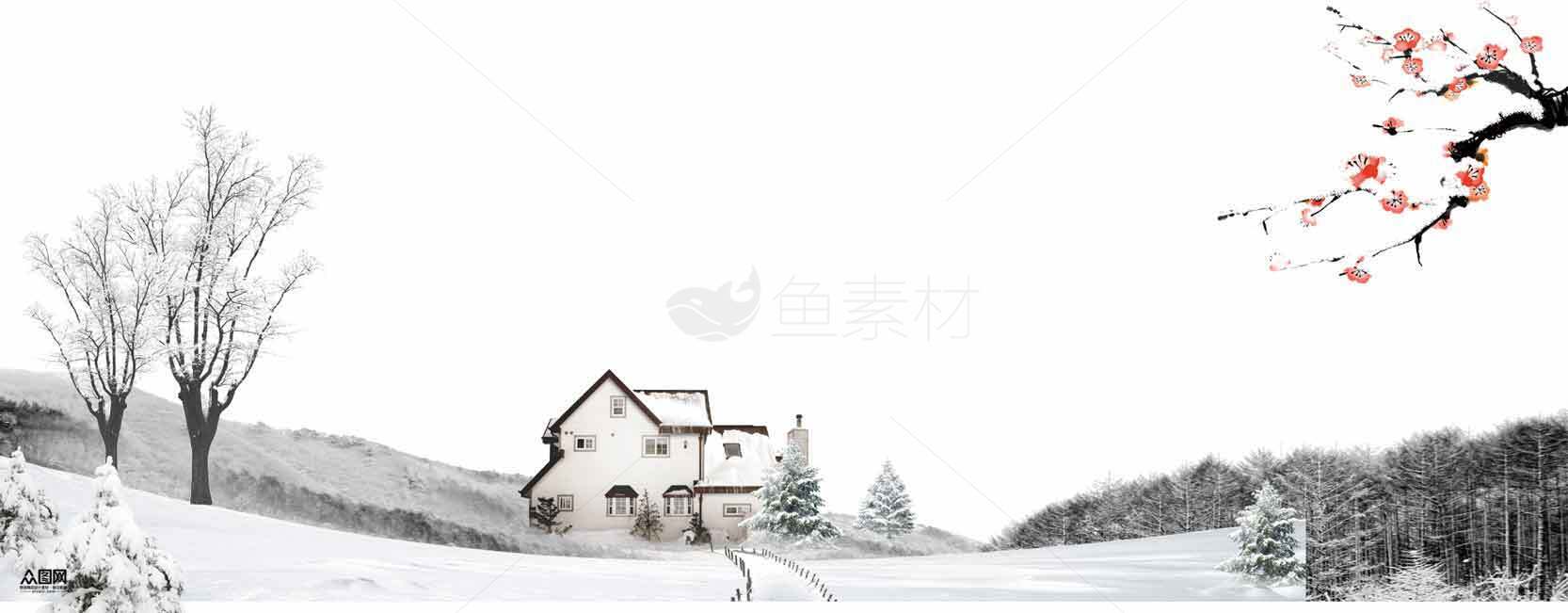 冬日雪景中的唯美乡村小屋插画素材