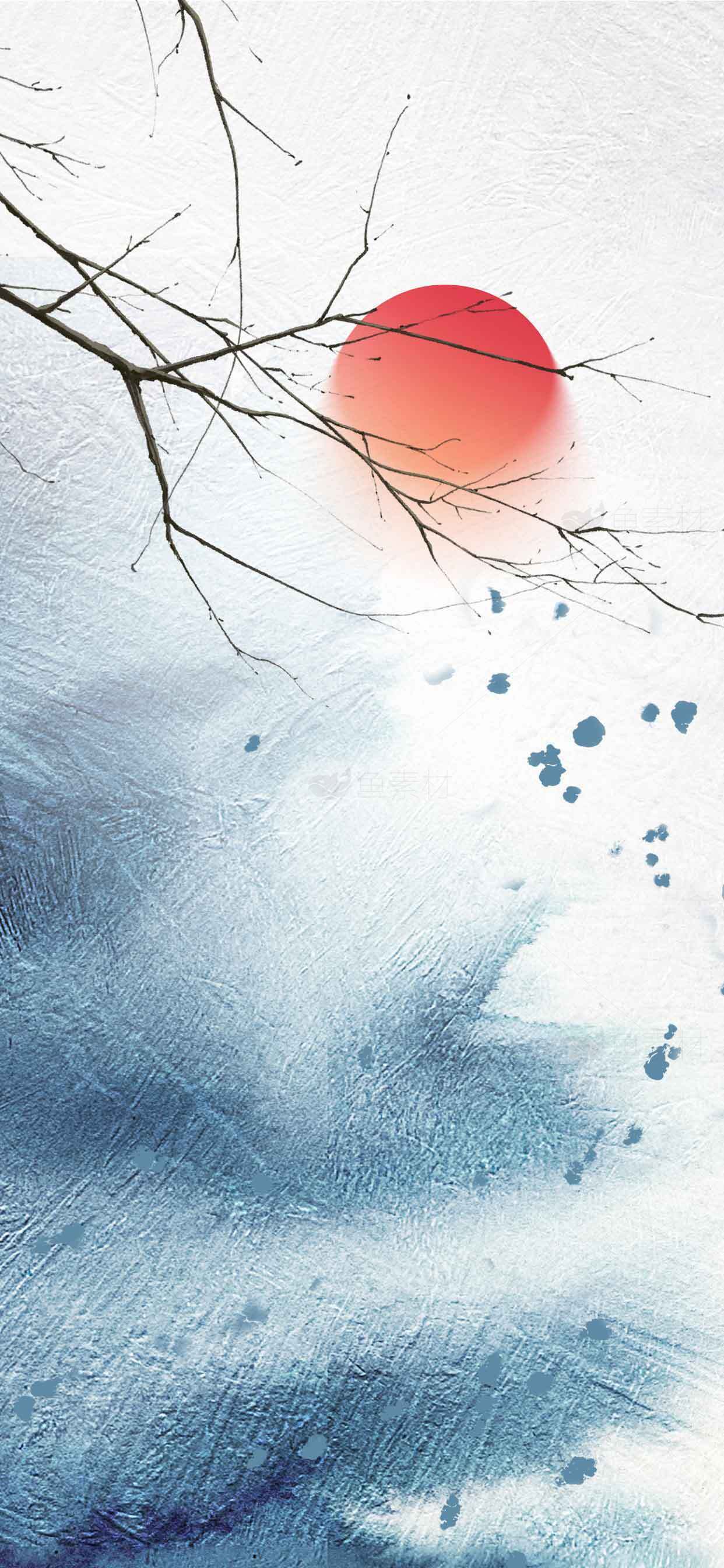 唯美水墨风日出意境插画素材