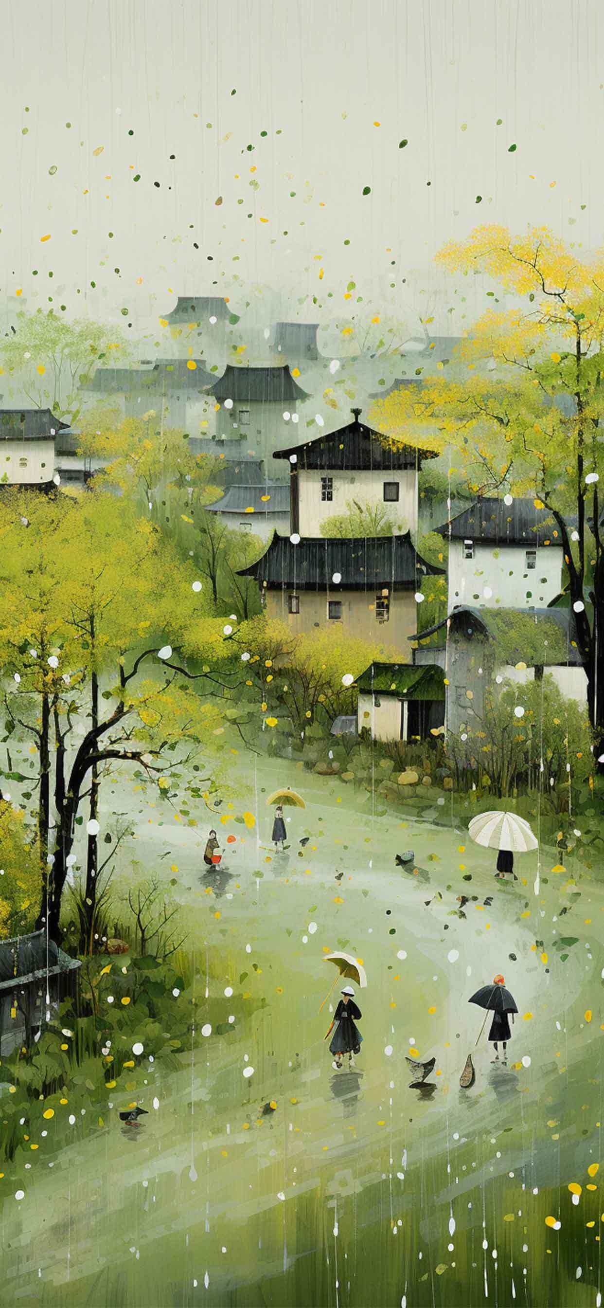 雨中江南水乡风景画素材