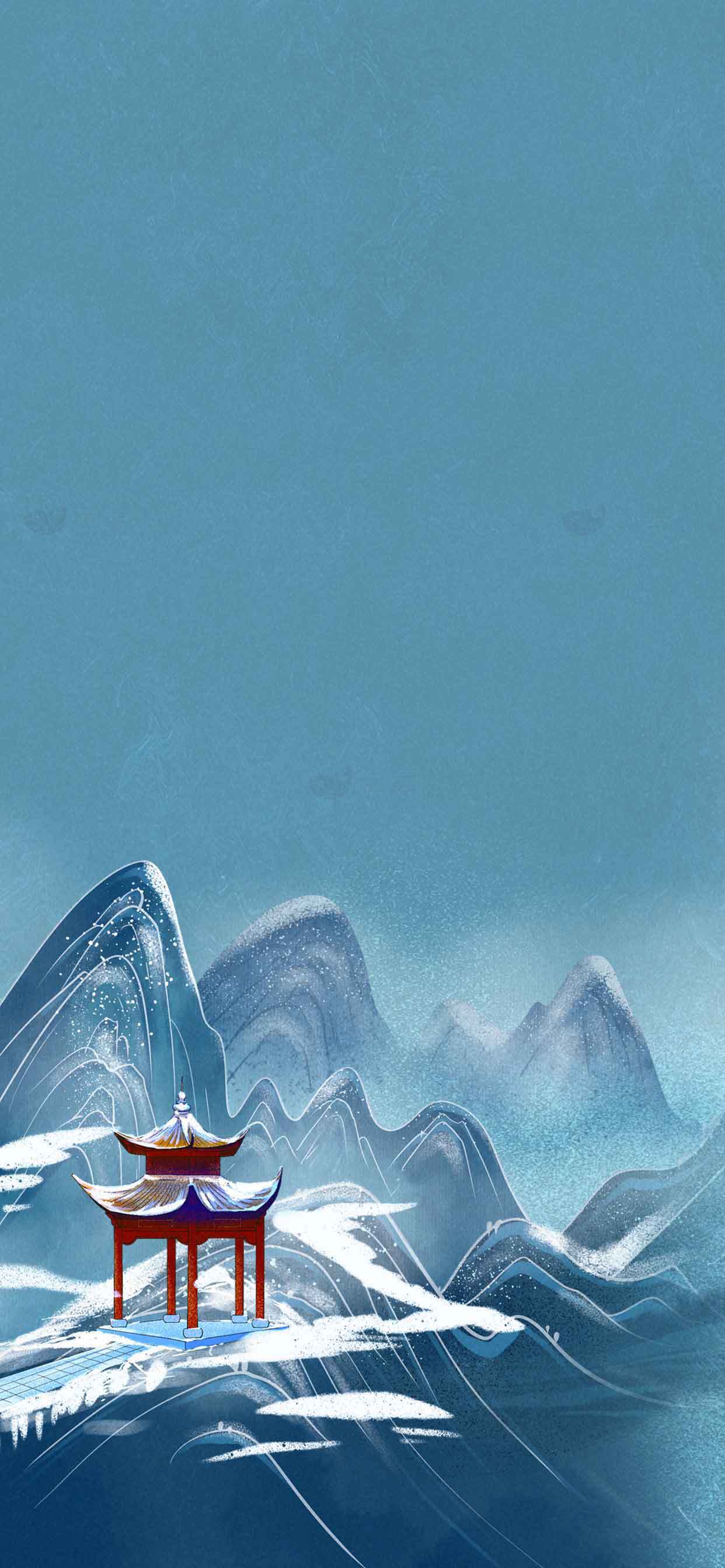 冬日山水国风插画背景素材