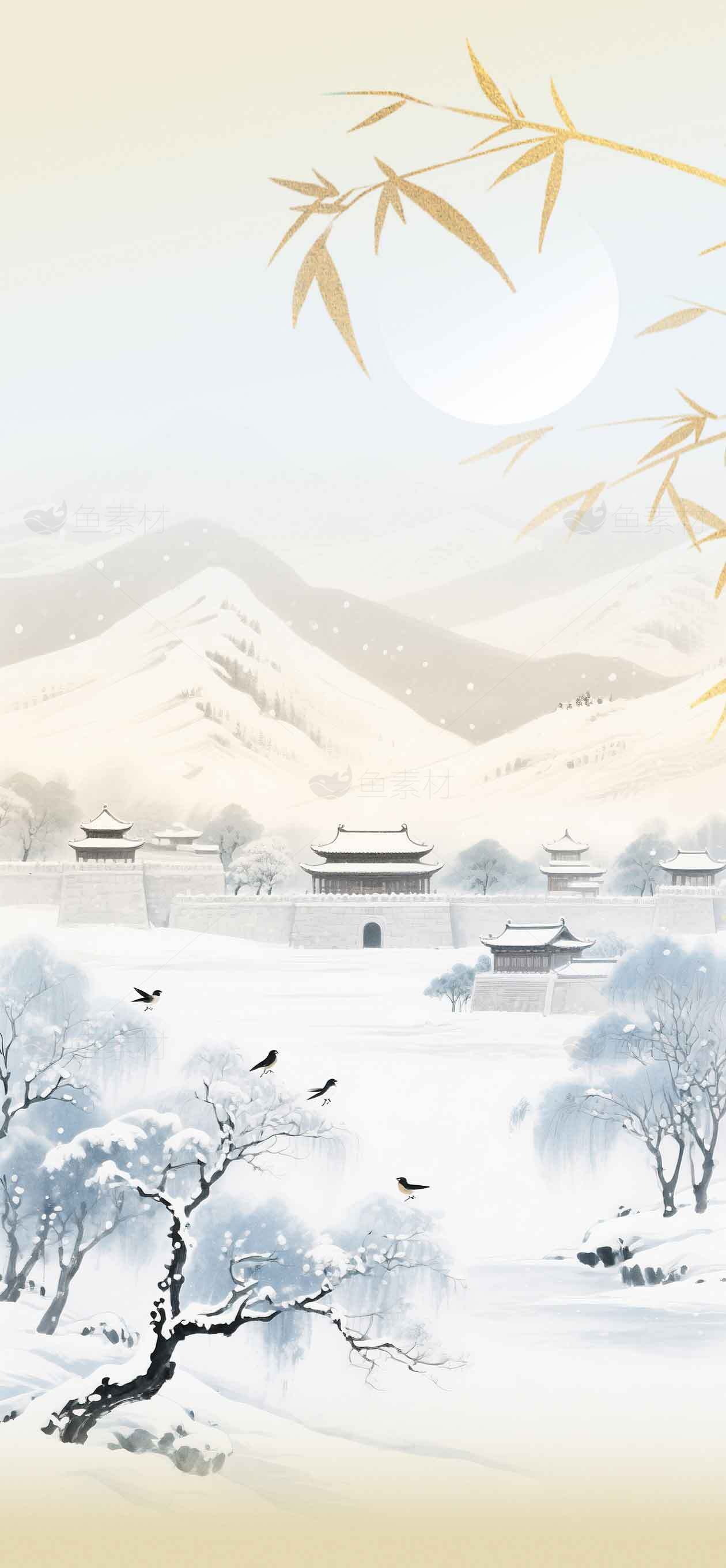 中国古风冬季雪景插画素材