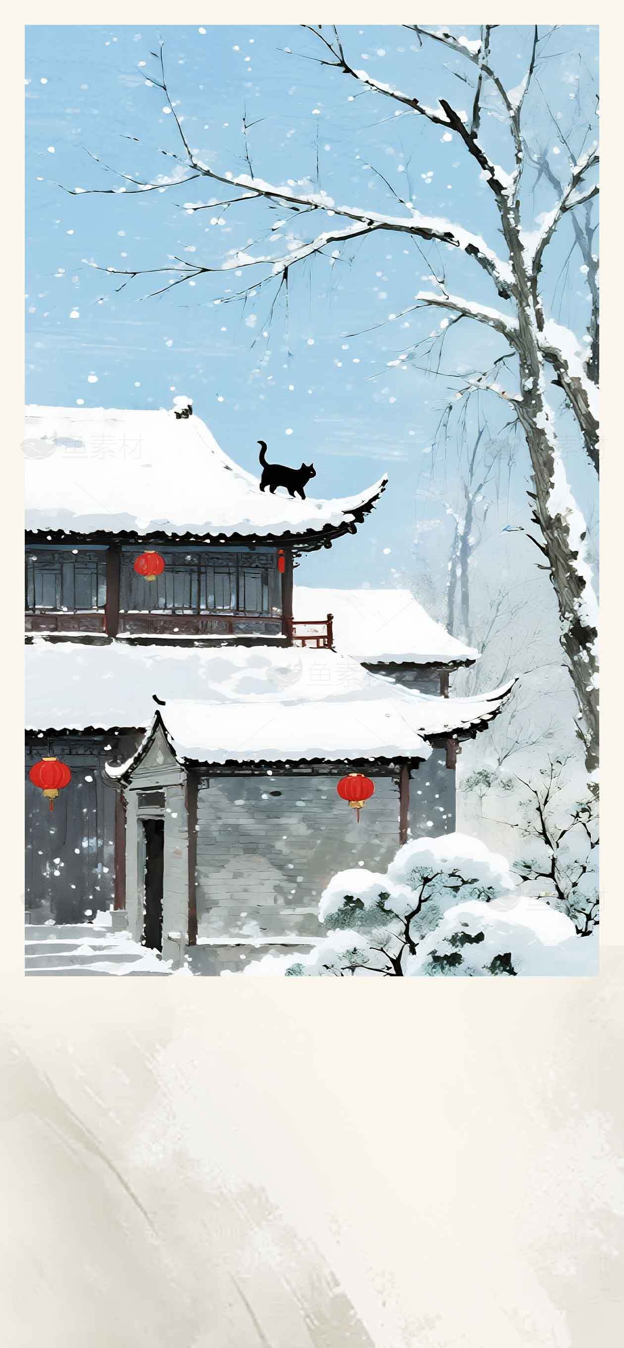 冬日雪景中的中式古建筑插画素材