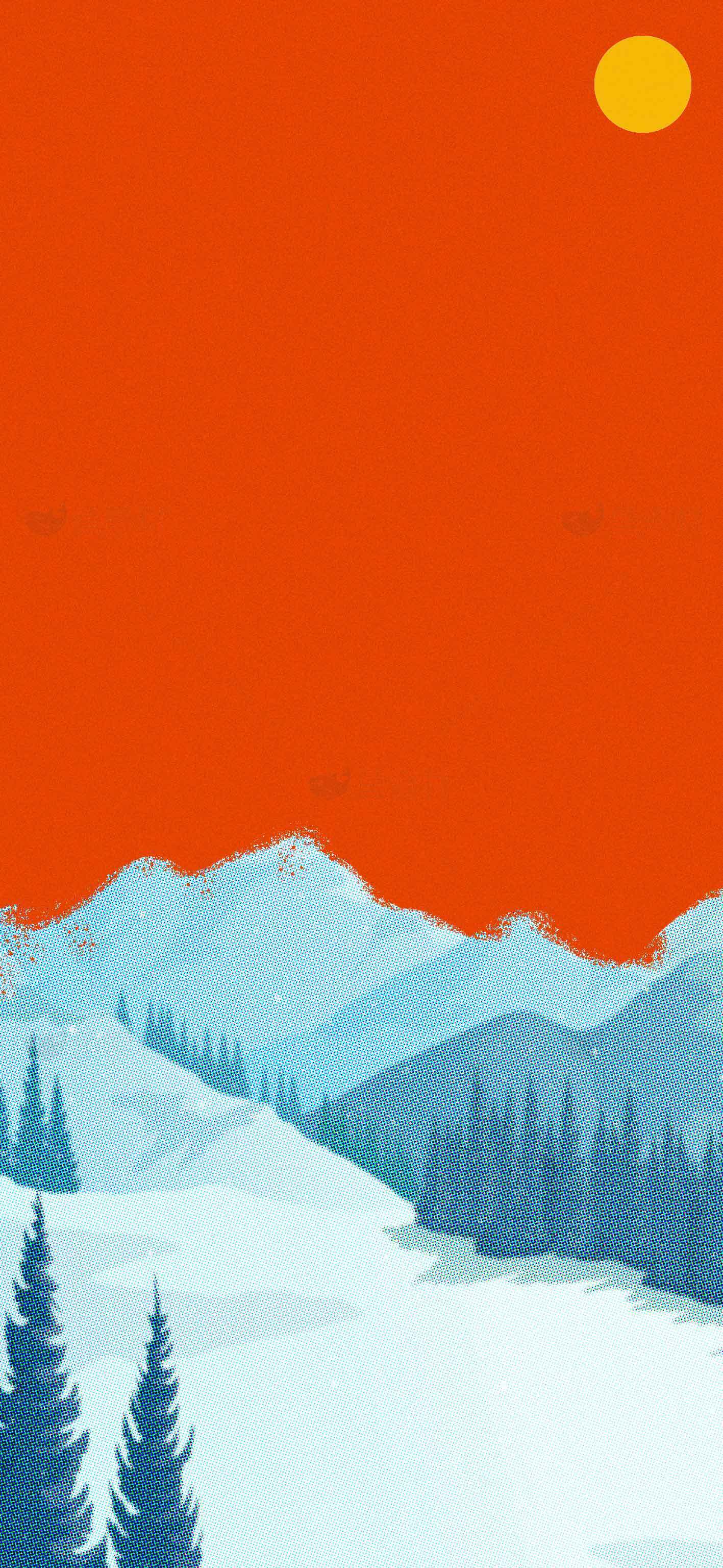 冬季雪山风景插画：橙色天空与白雪皑皑的山脉素材