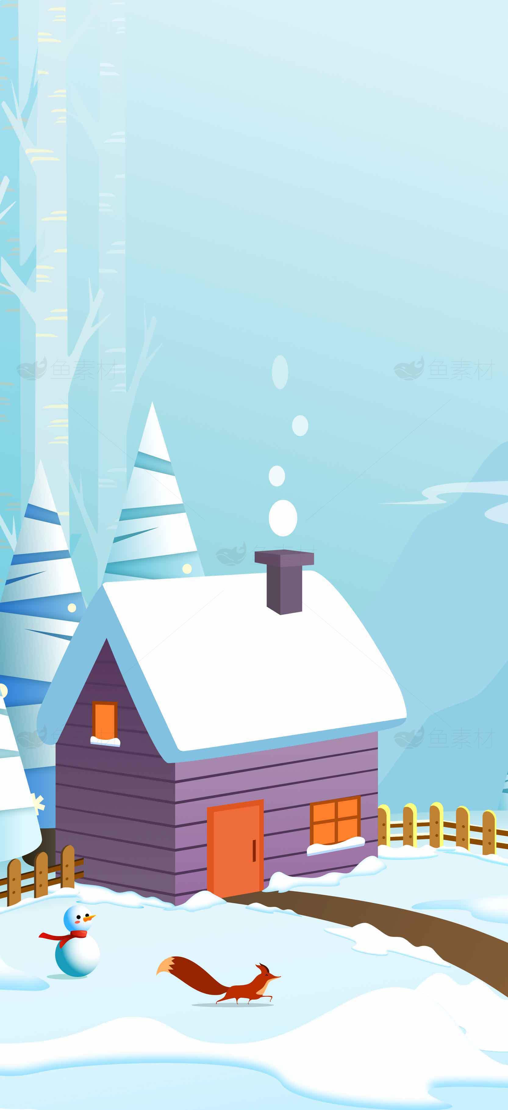 冬季雪景插画：森林小屋与雪人素材