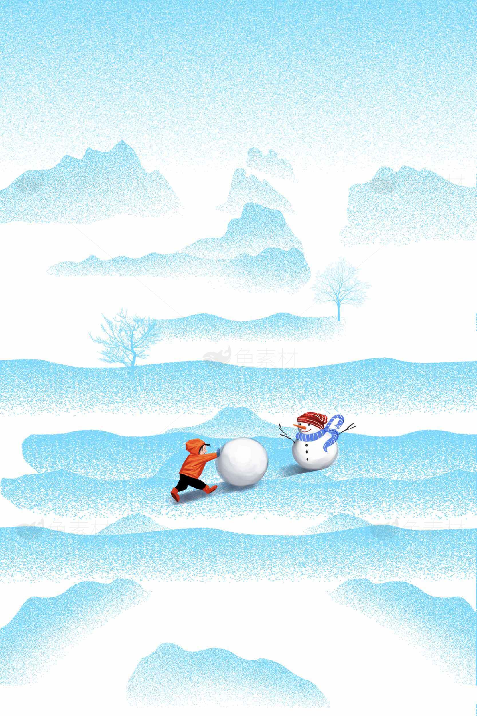 冰天雪地堆雪人冬季插画背景素材