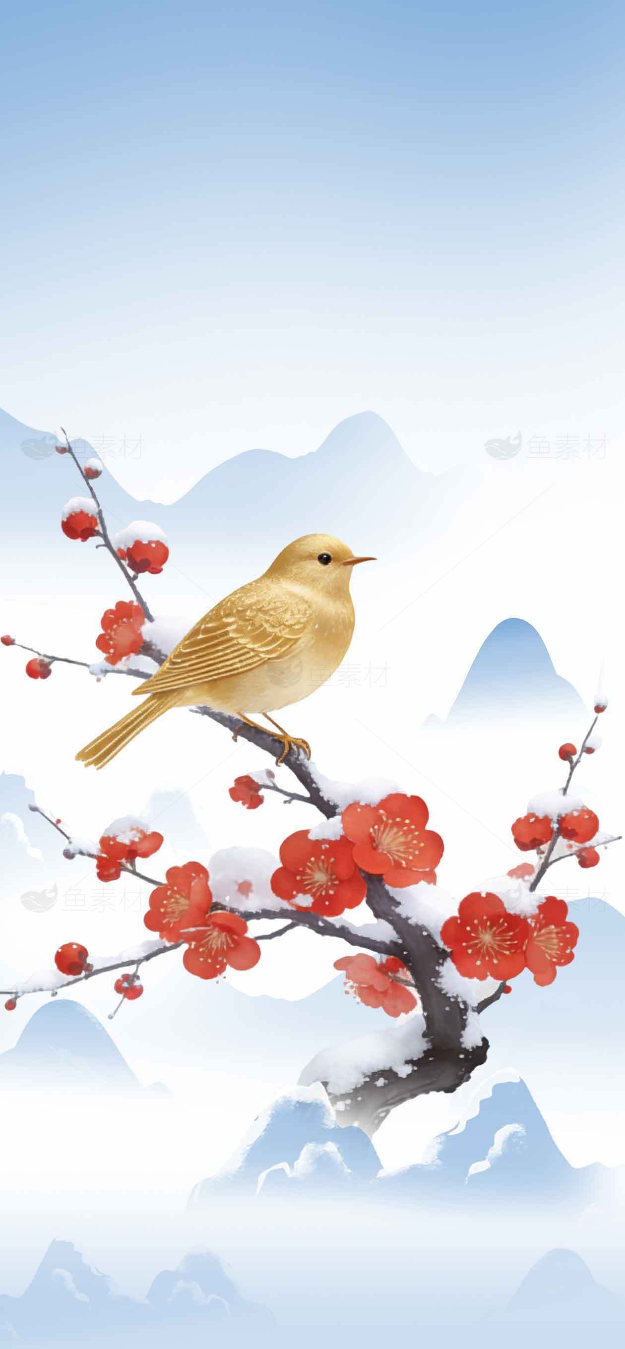 冬日梅花与小鸟的国风意境插画素材