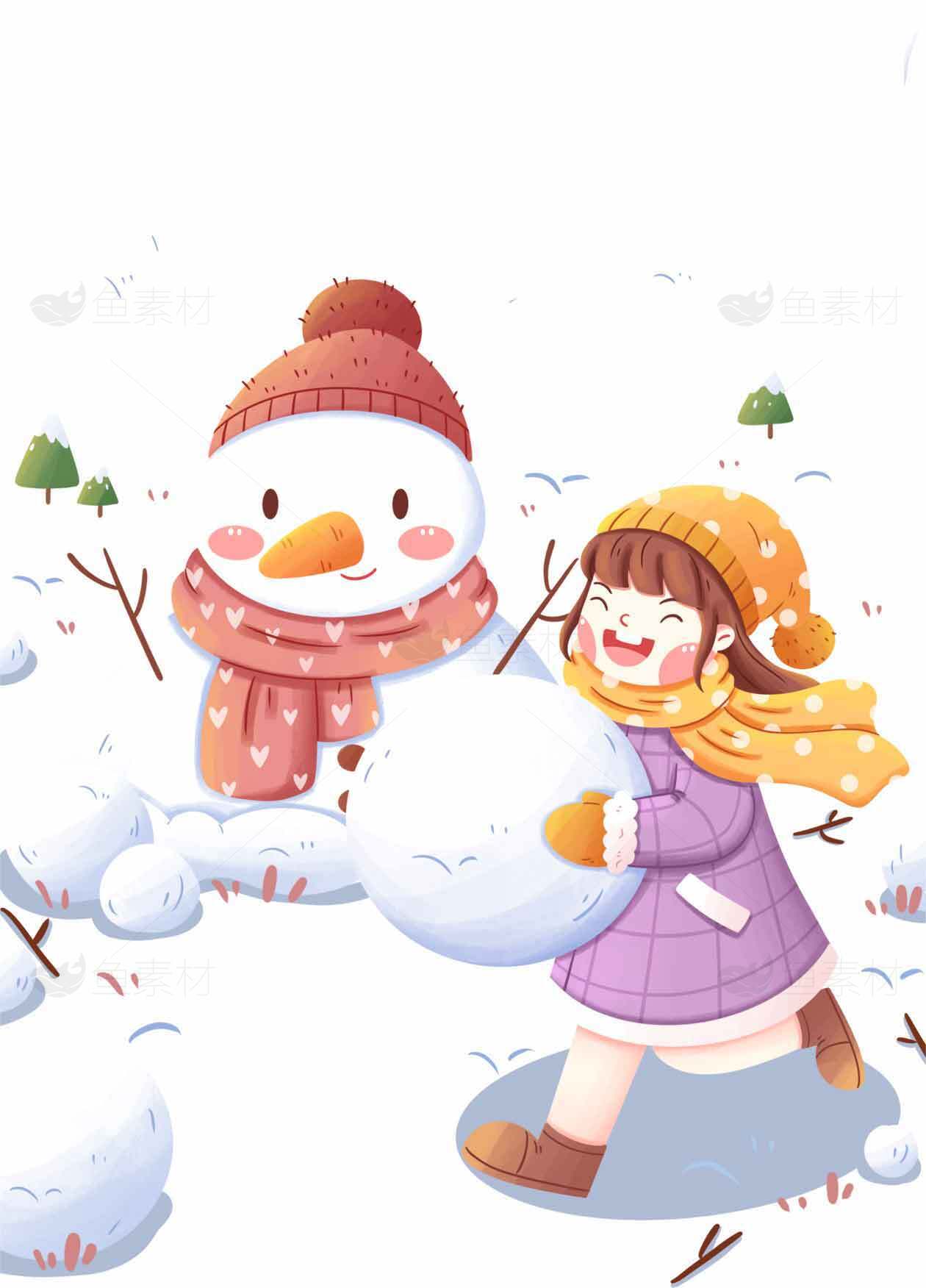 冬日雪人堆雪趣：温馨亲子时光插画素材