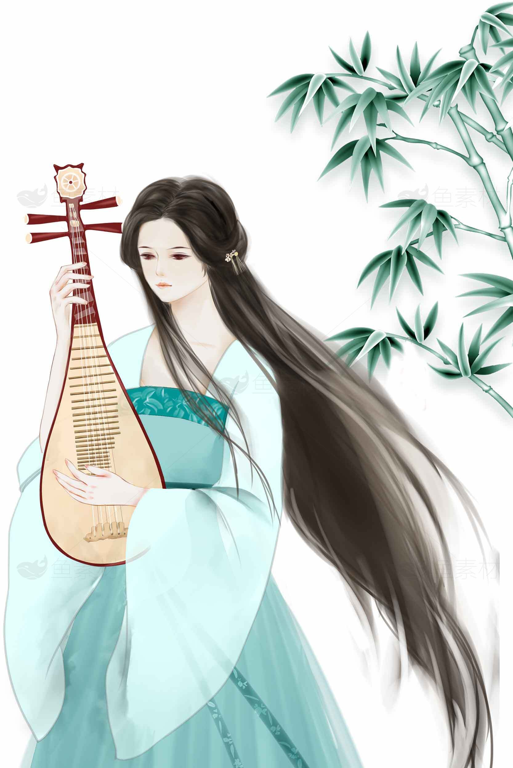 古风插画女子手持琵琶与竹子背景素材