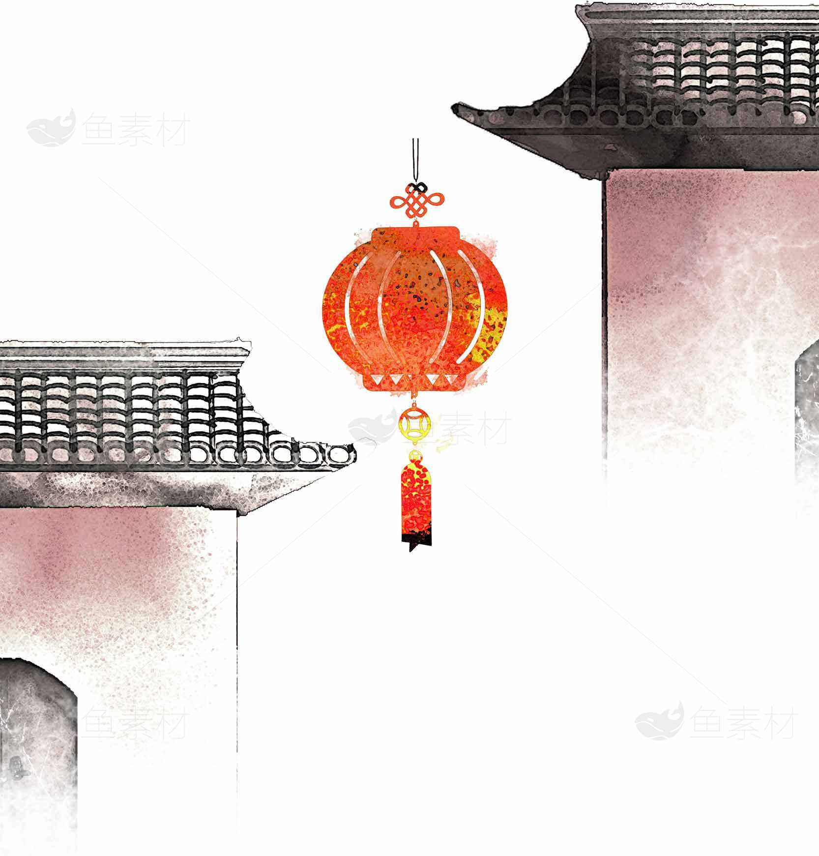 中国传统灯笼与古建筑水墨画意境素材