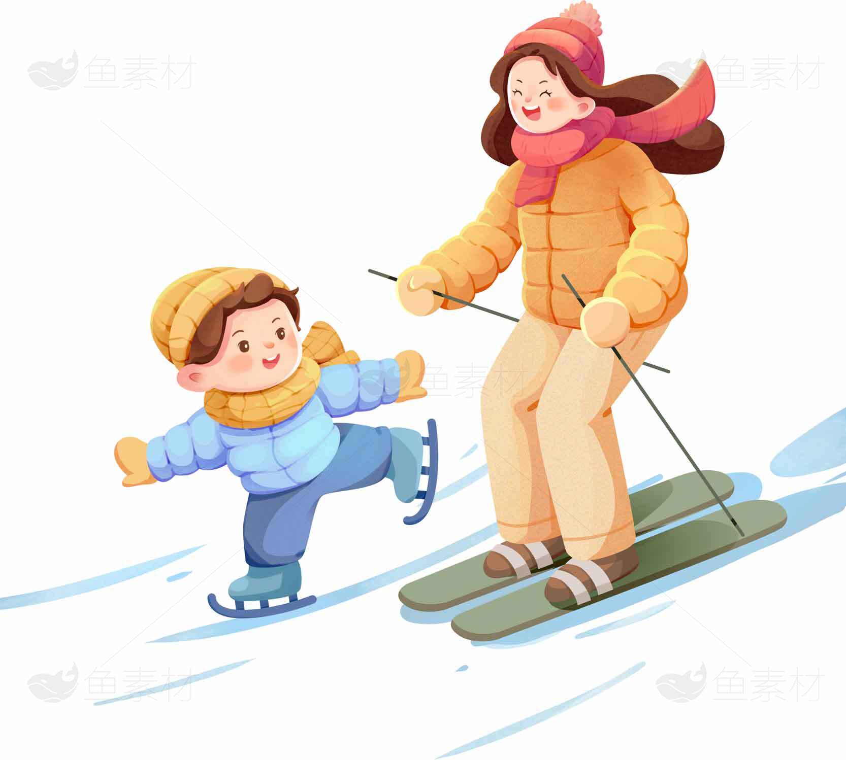 冬季亲子滑雪与滑冰插画素材