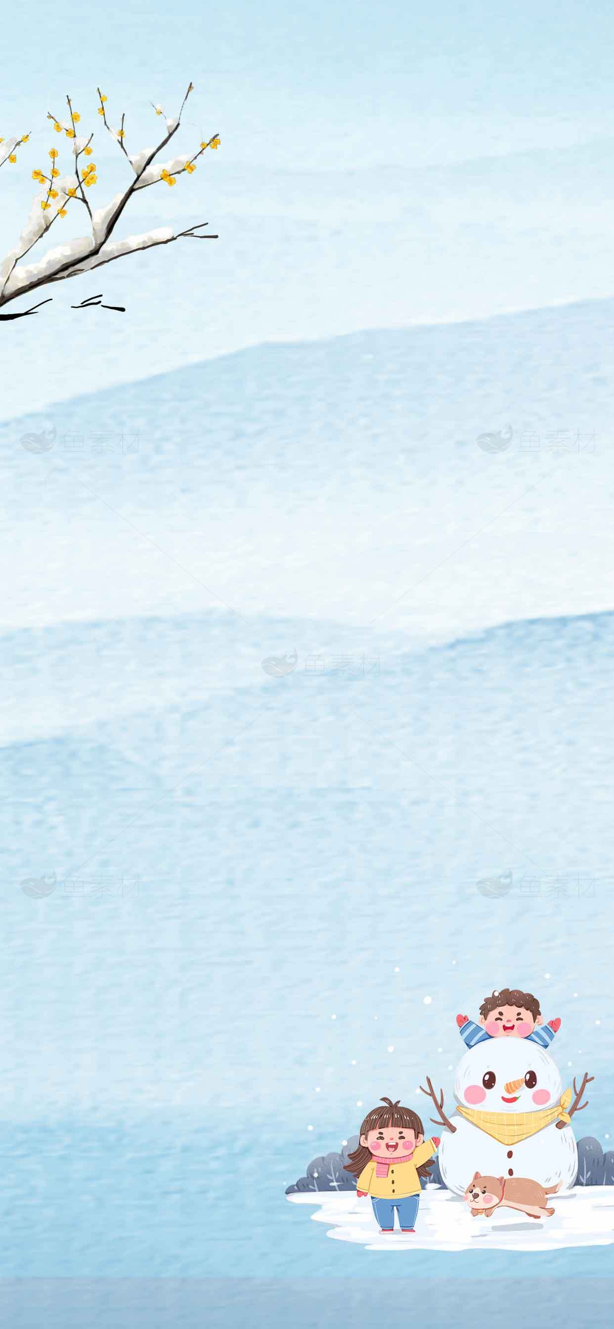 冬日雪景插画：孩子与雪人温馨时光素材