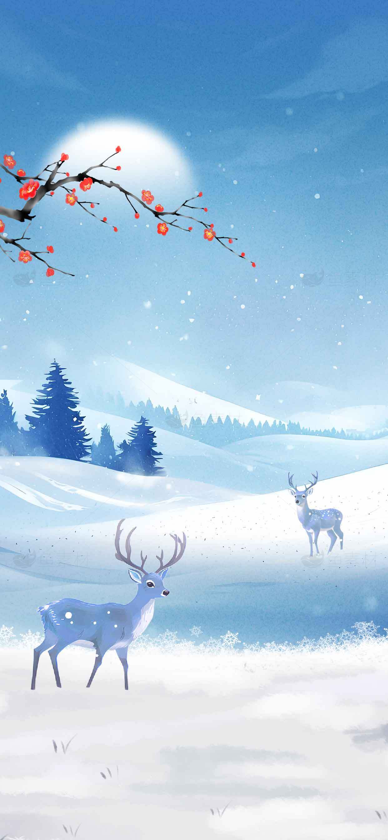 冬季雪景插画：梅花与鹿的唯美画面素材