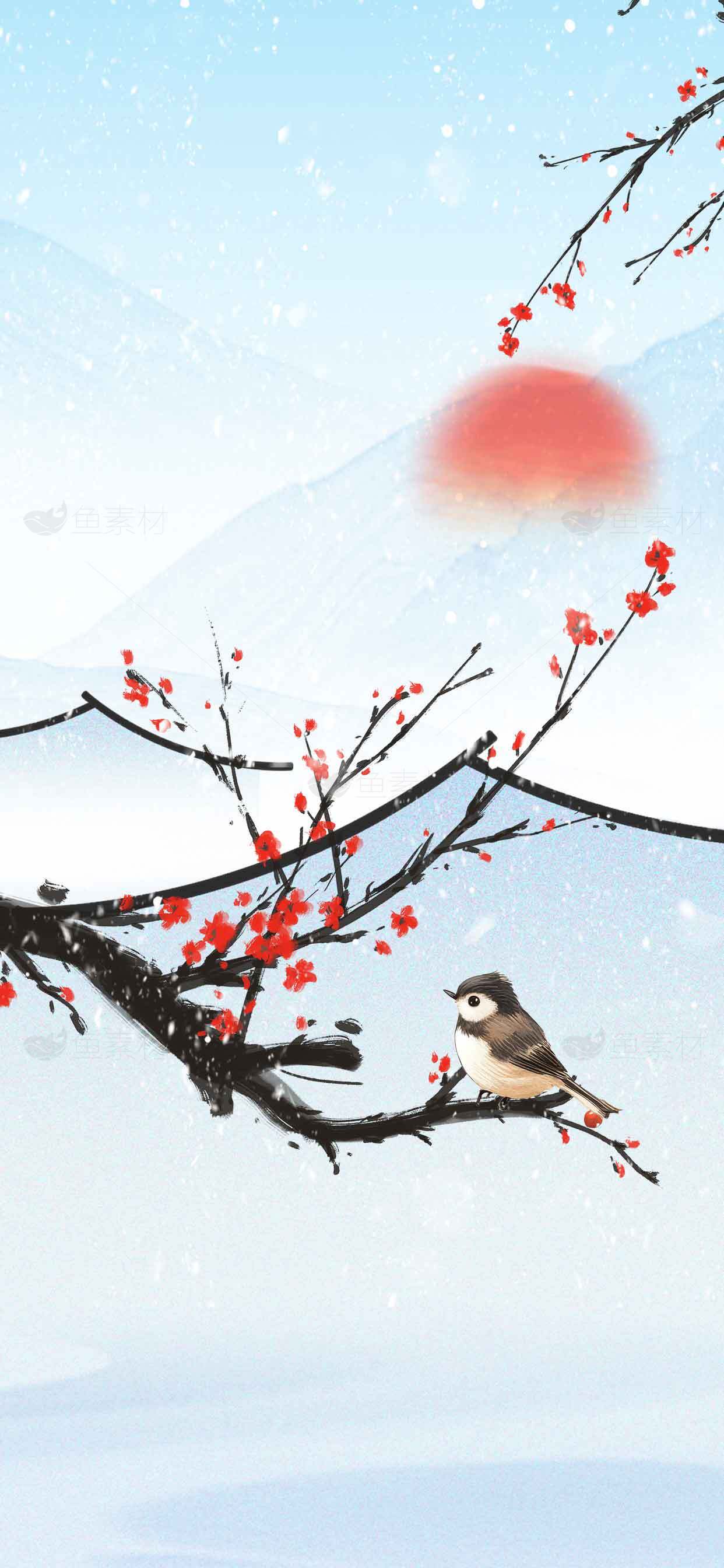 冬日梅花与小鸟水墨画意境图素材