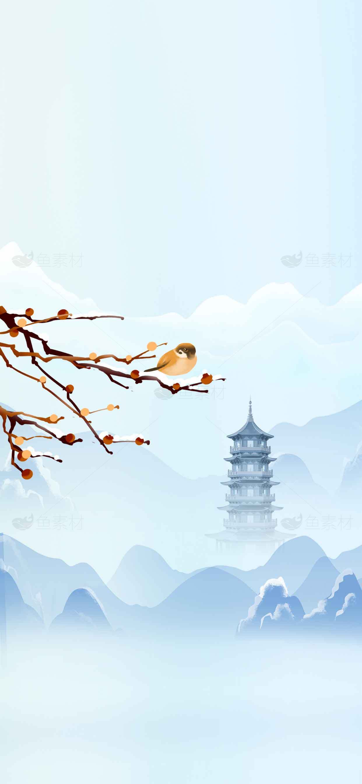 唯美中国风山水画：鸟儿与古塔的静谧意境素材