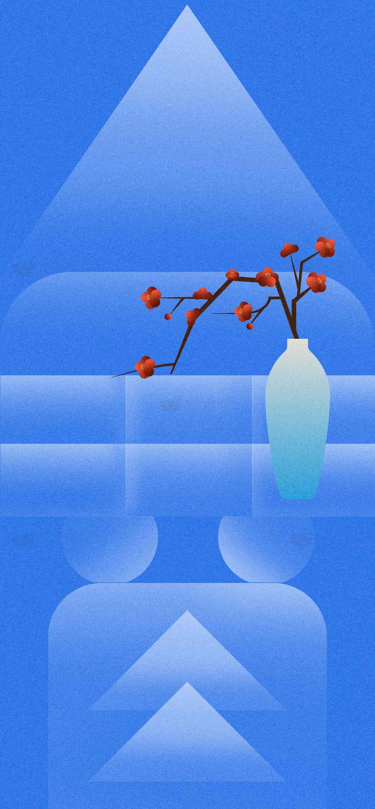 极简风格蓝色背景与花瓶插画设计素材