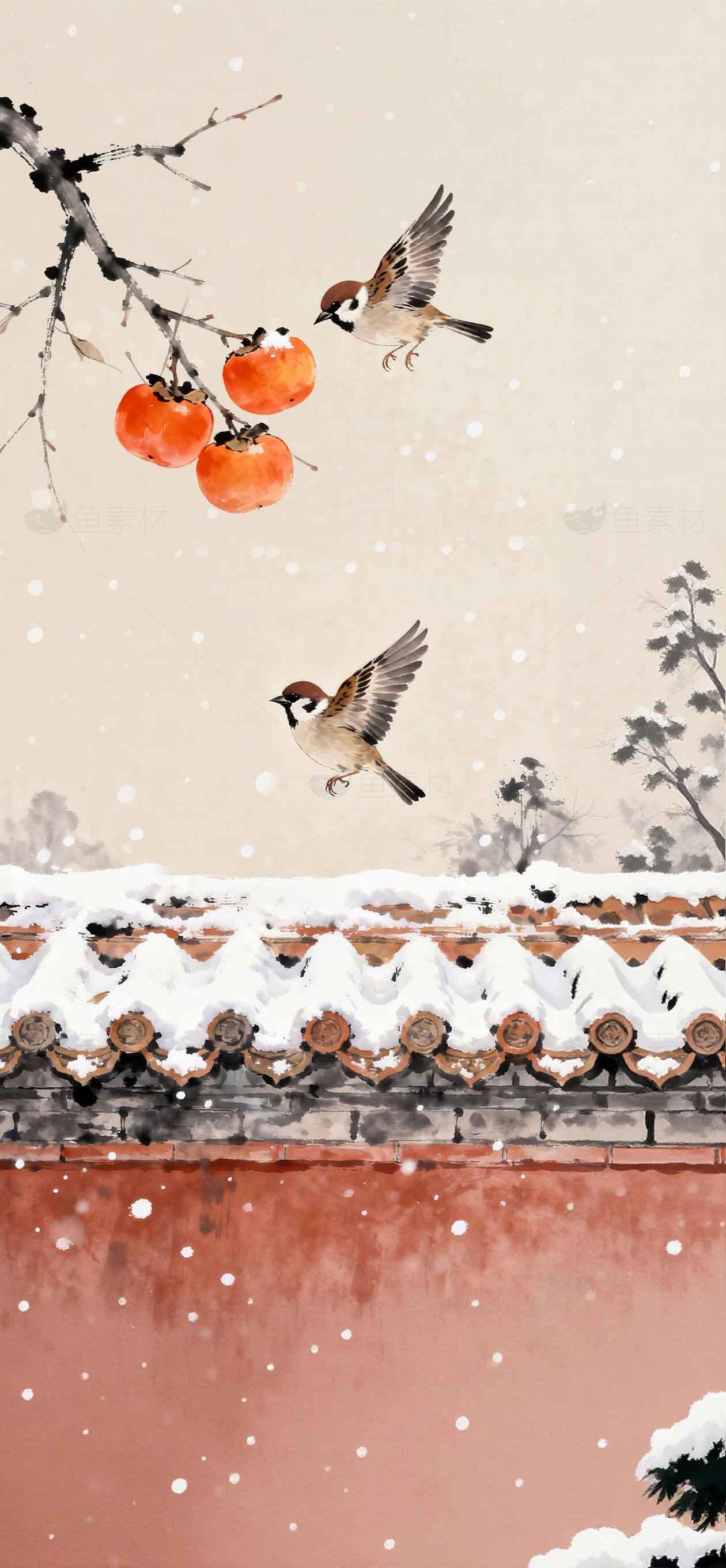 冬日雪景麻雀与柿子国画意境图素材