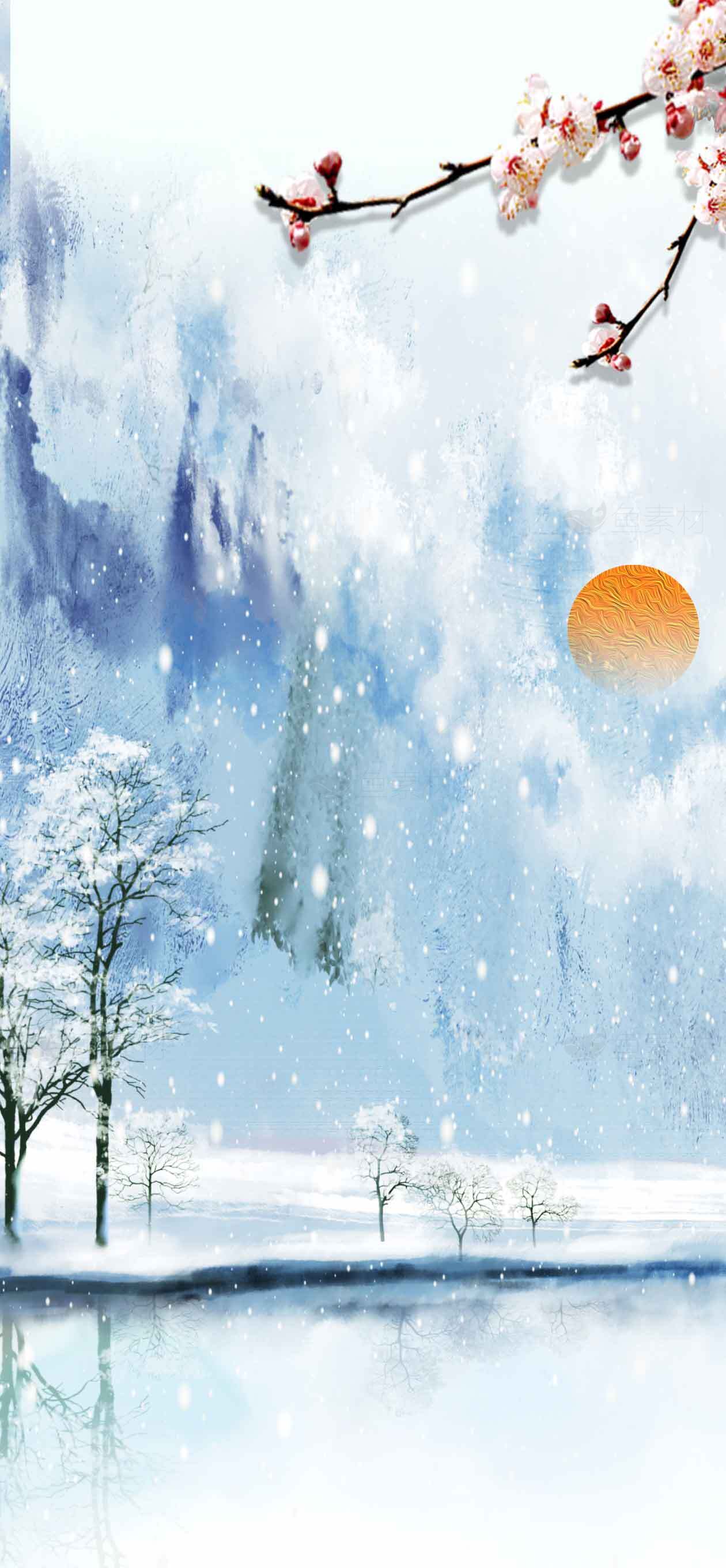 唯美冬日雪景水墨画背景图片素材