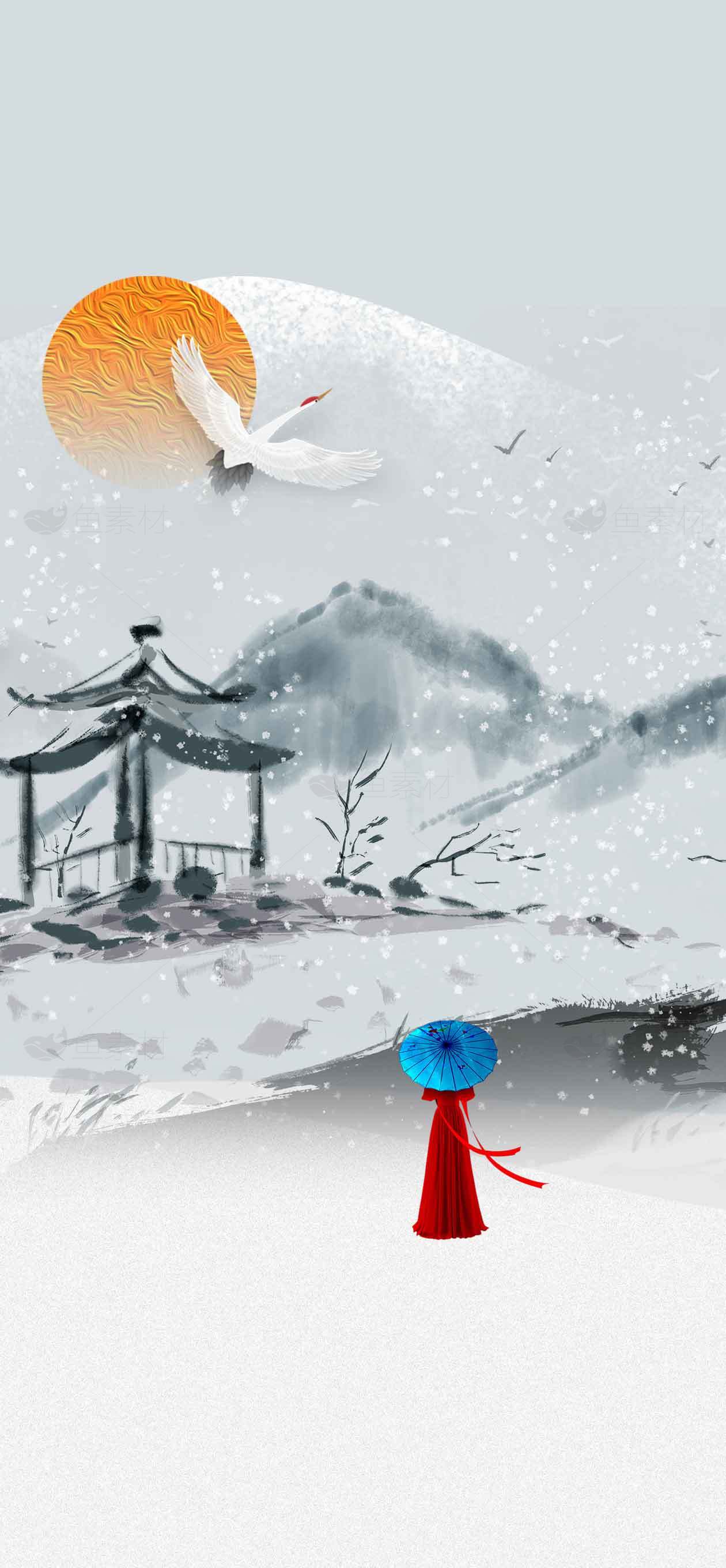 国风水墨雪景插画：红衣女子与白鹤共赏冬日美景素材