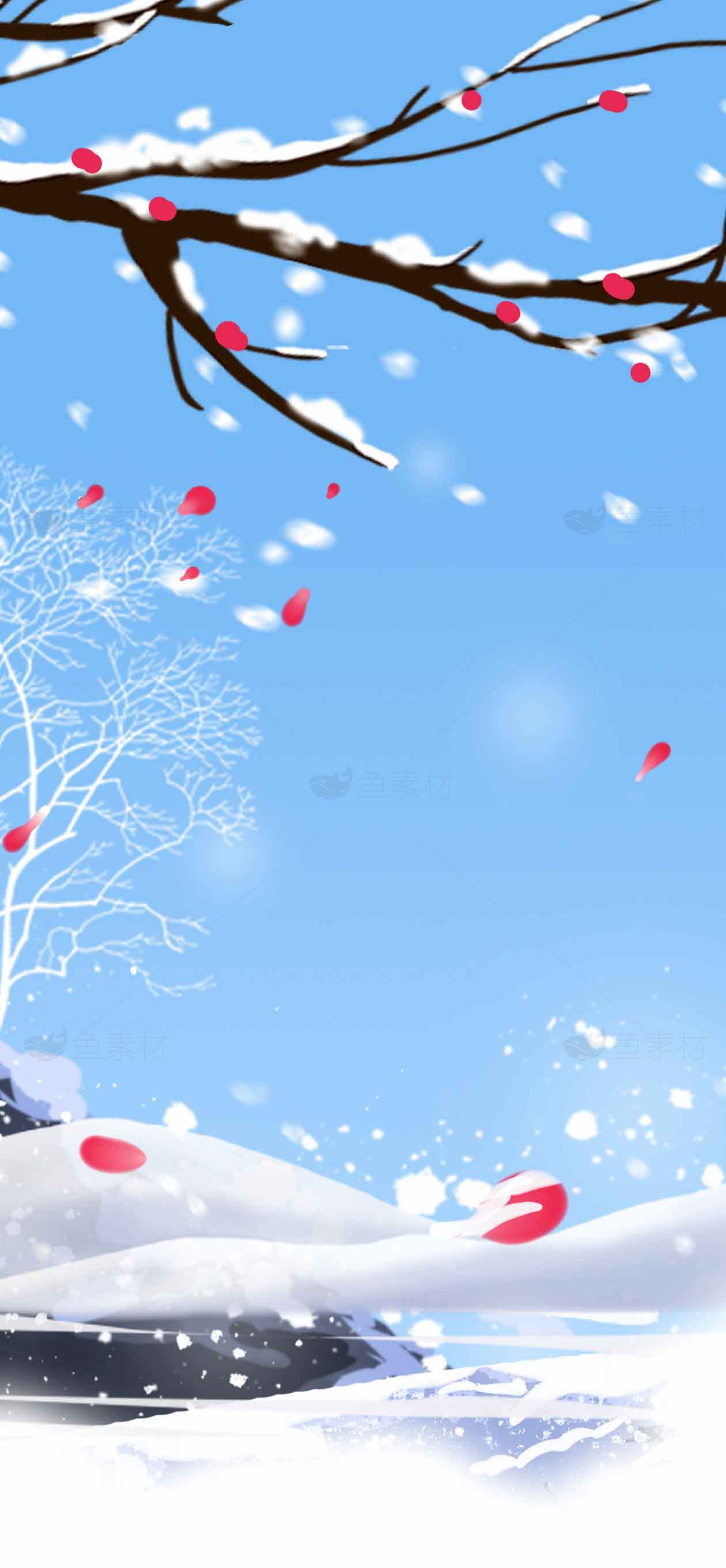 冬日雪景与红梅飘落的唯美插画素材