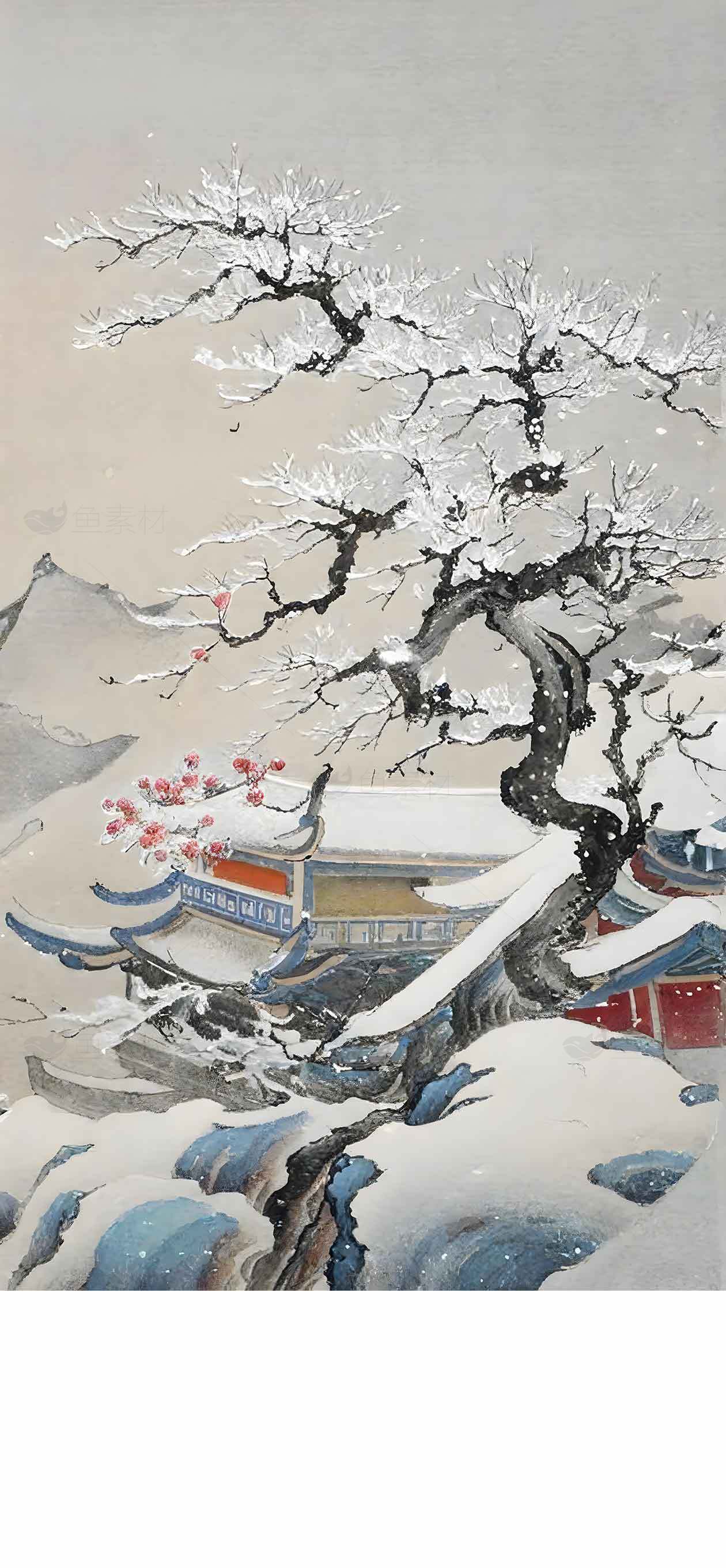 中国传统水墨画冬季雪景素材