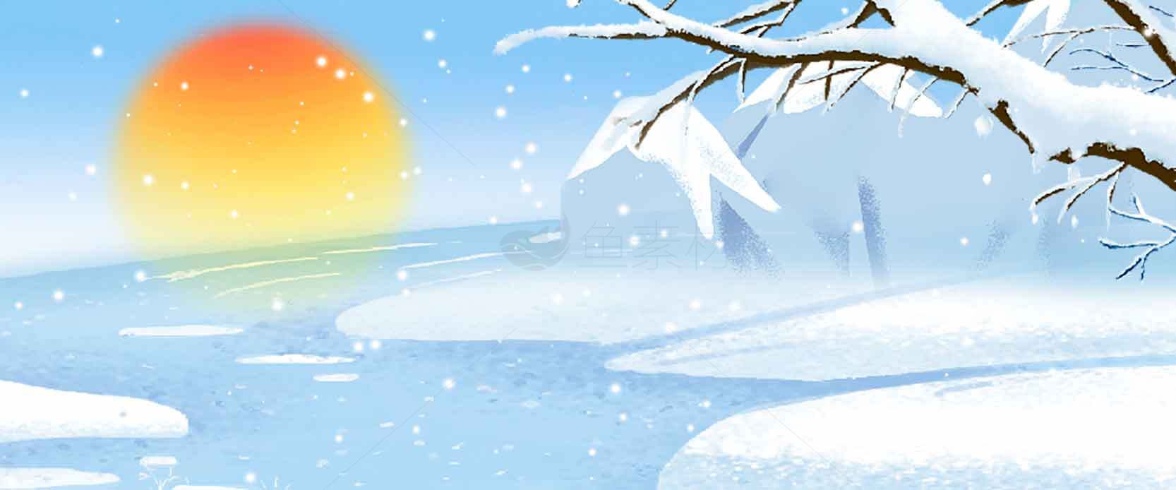 冬日雪景湖面日出唯美风光素材