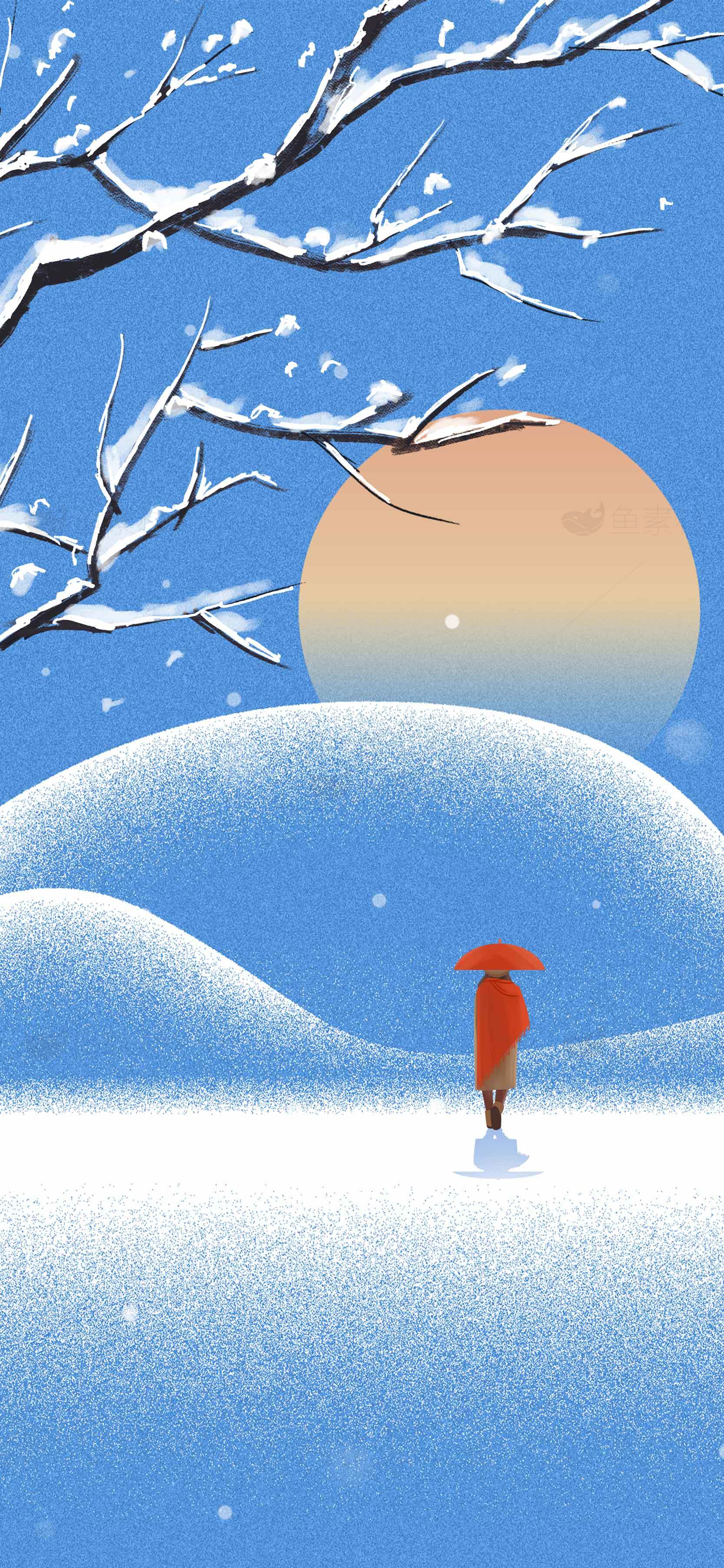 冬日雪景插画：红伞与夕阳的唯美邂逅素材