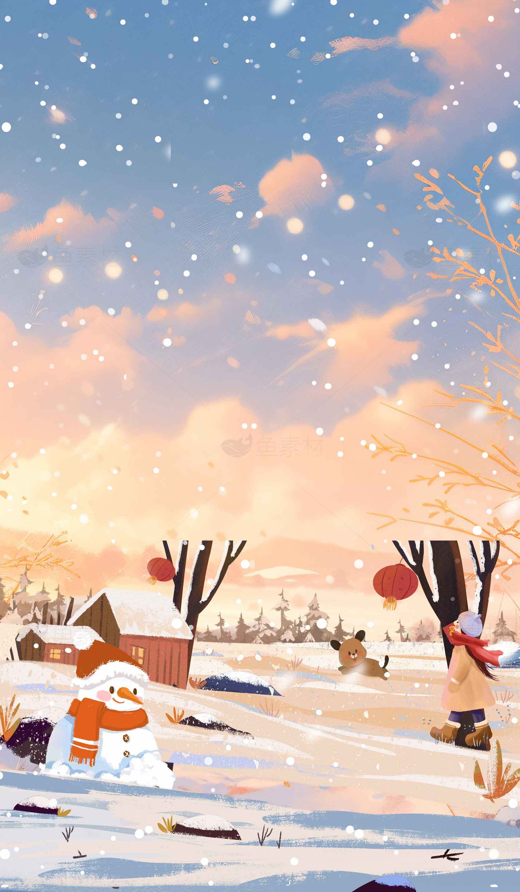 冬日雪景插画：温馨乡村与雪人场景素材