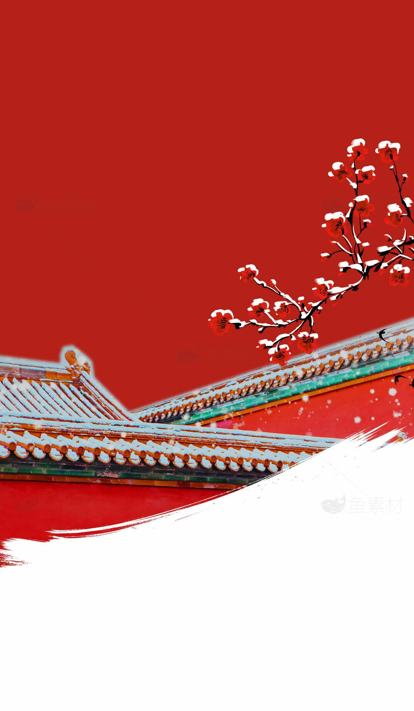 中国传统建筑与红墙雪景唯美画面素材