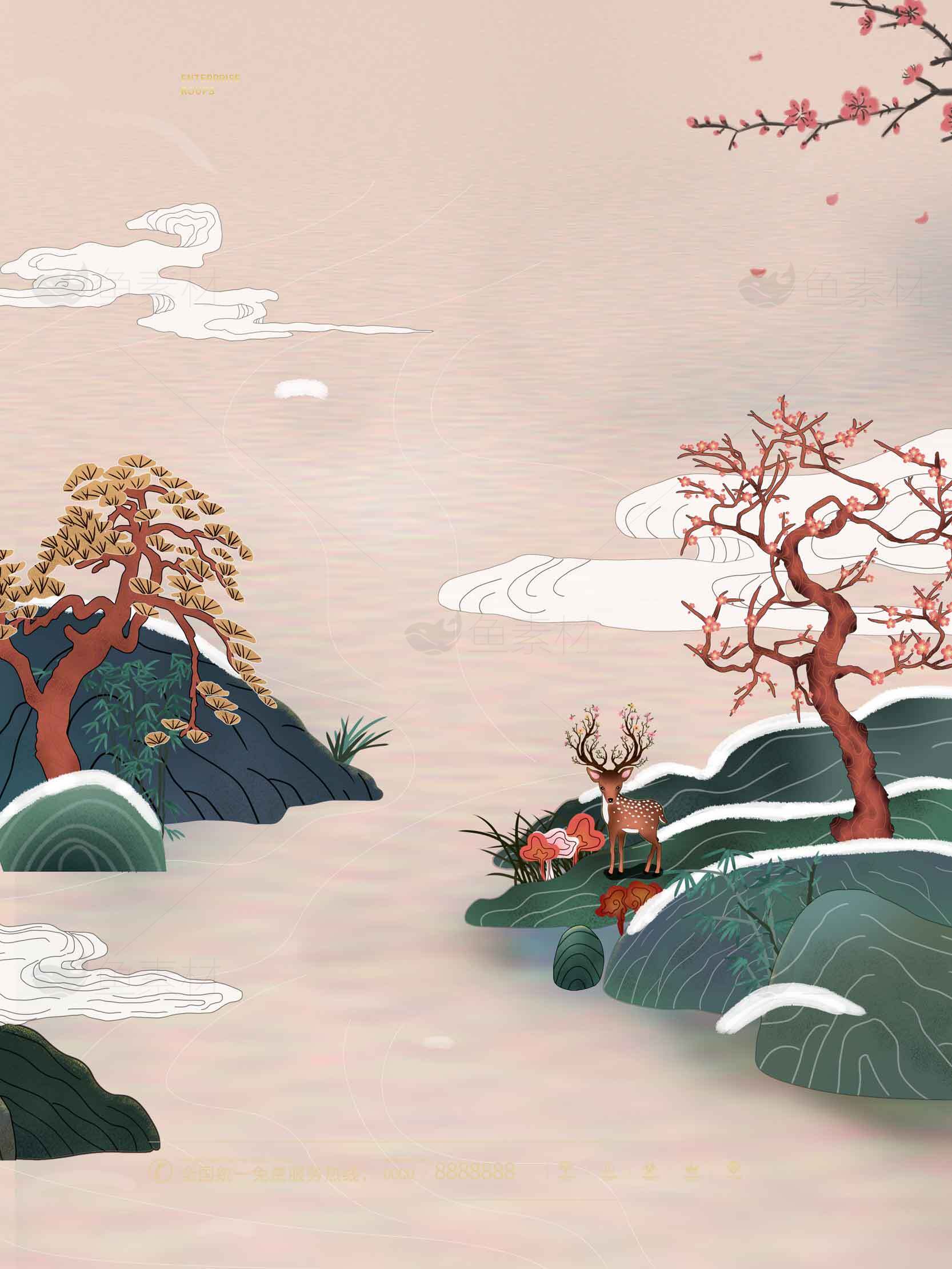 中国风山水插画：唯美意境艺术画素材