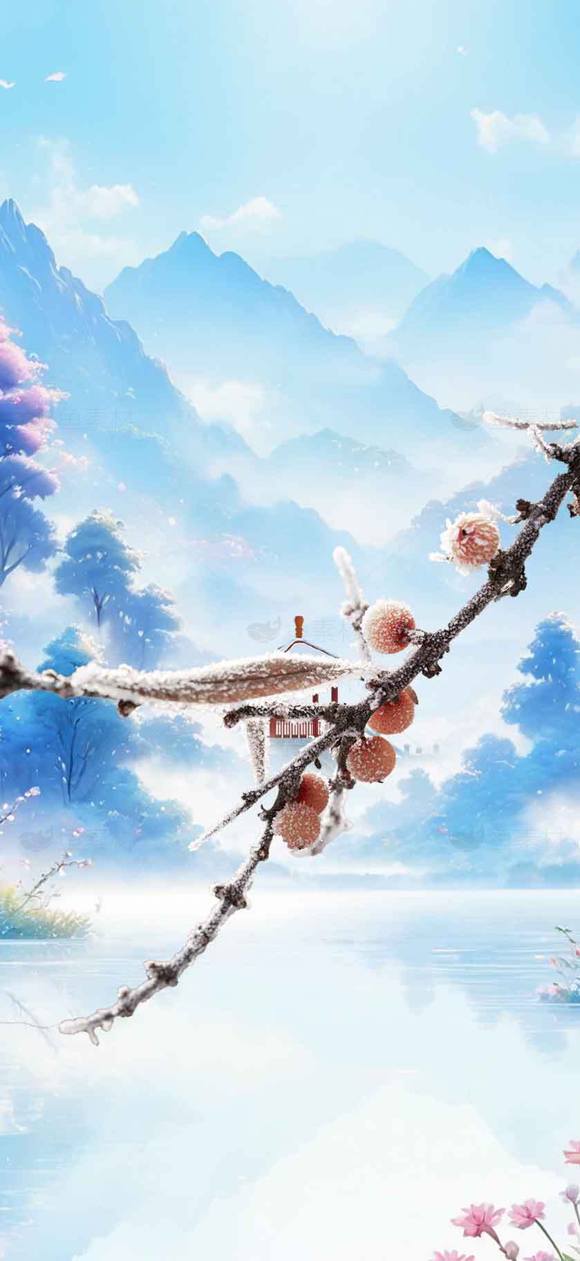 唯美冬日山水风景插画：雪中桃枝与远山湖泊素材