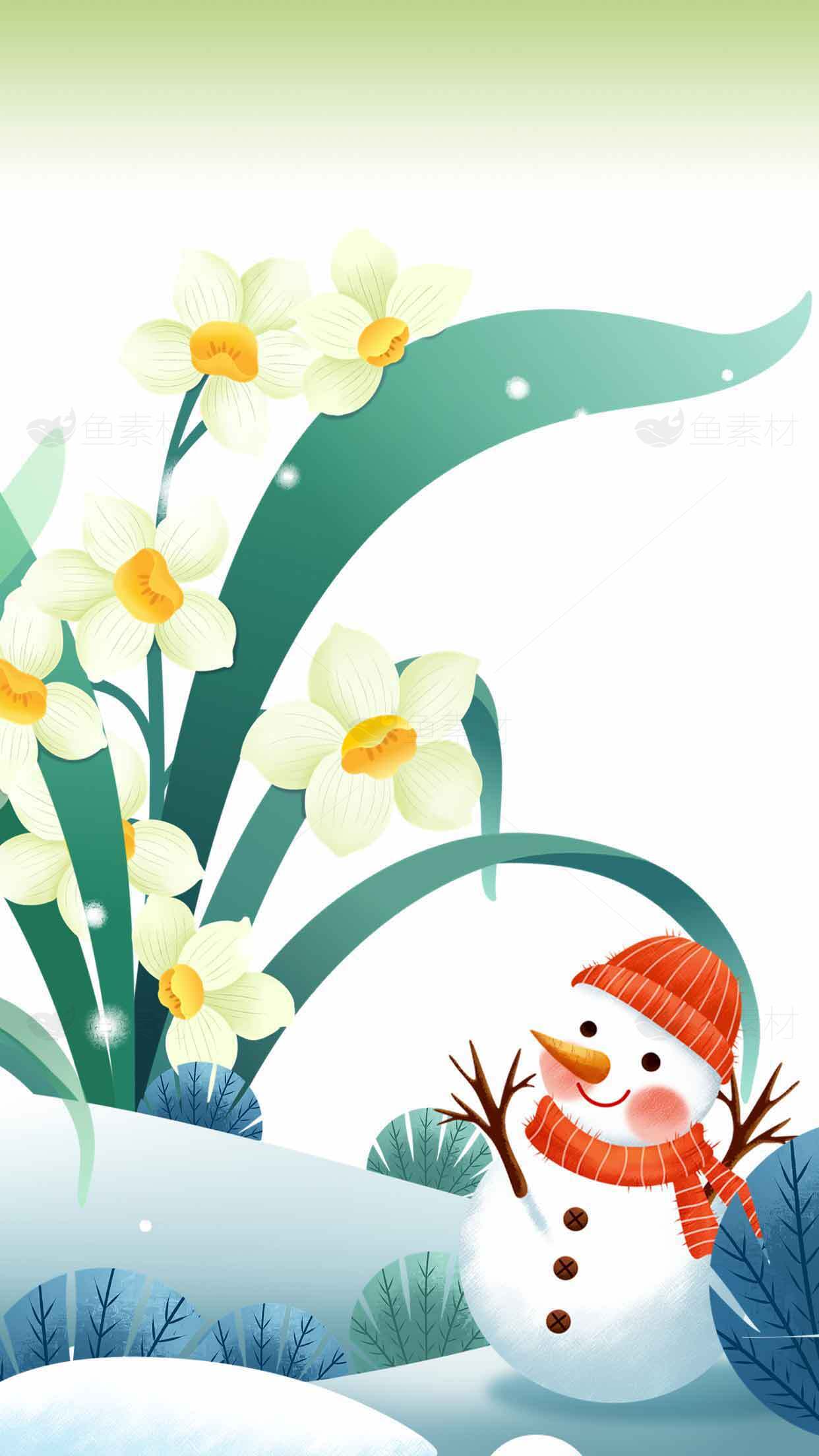冬季雪人和水仙花插画背景图片素材