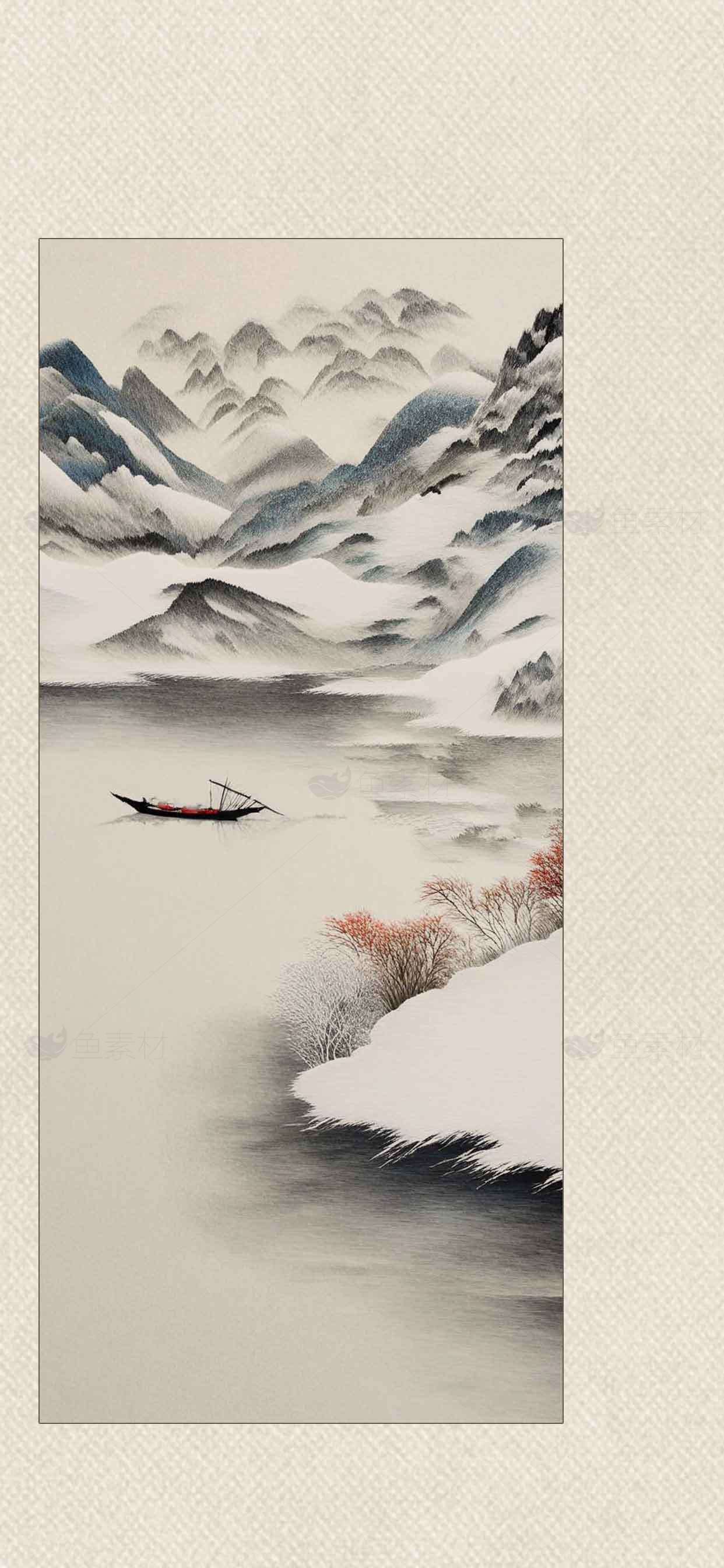 山水画意境：小舟与雪山的静谧之美素材