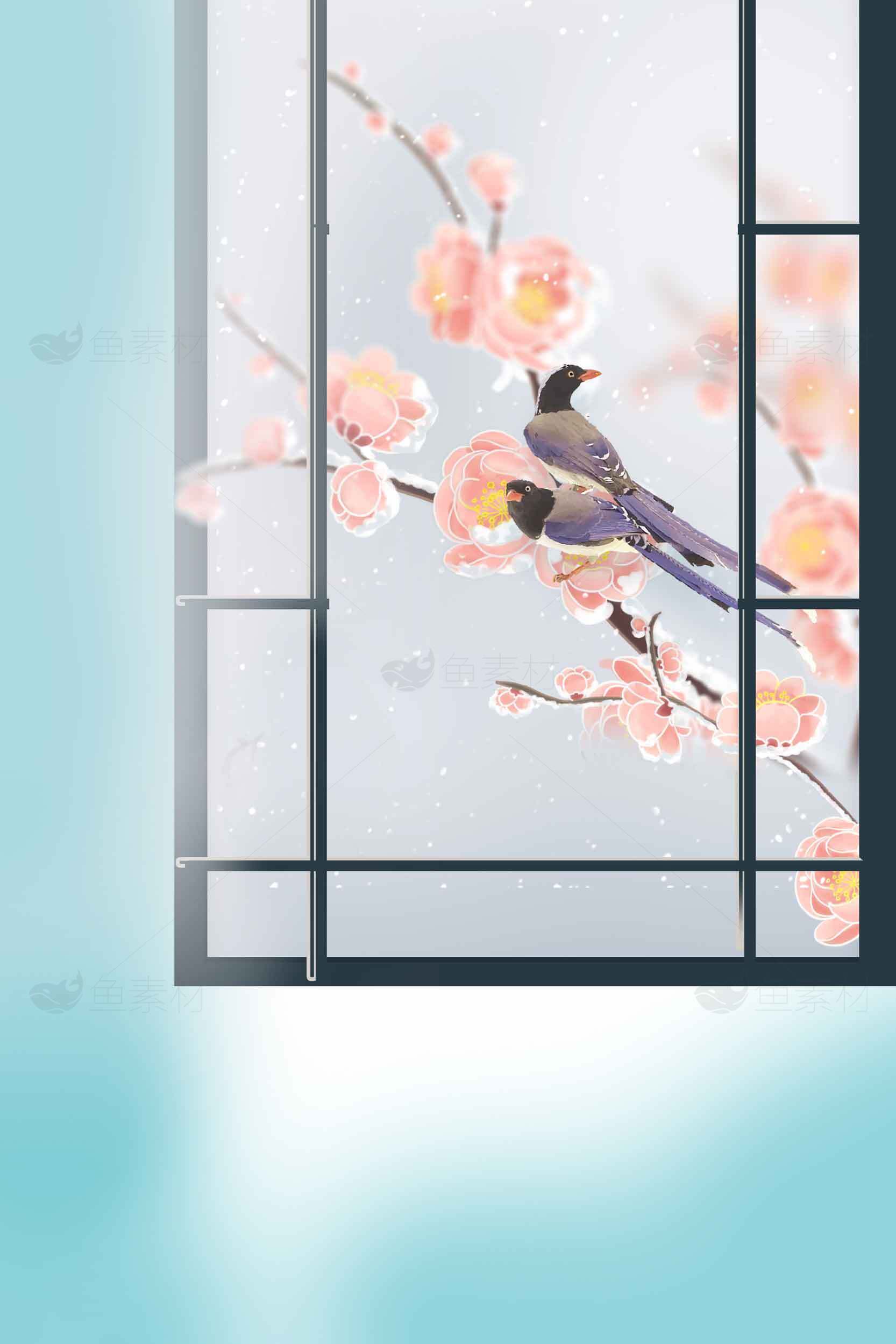 春日窗边梅花与鸟的唯美插画素材