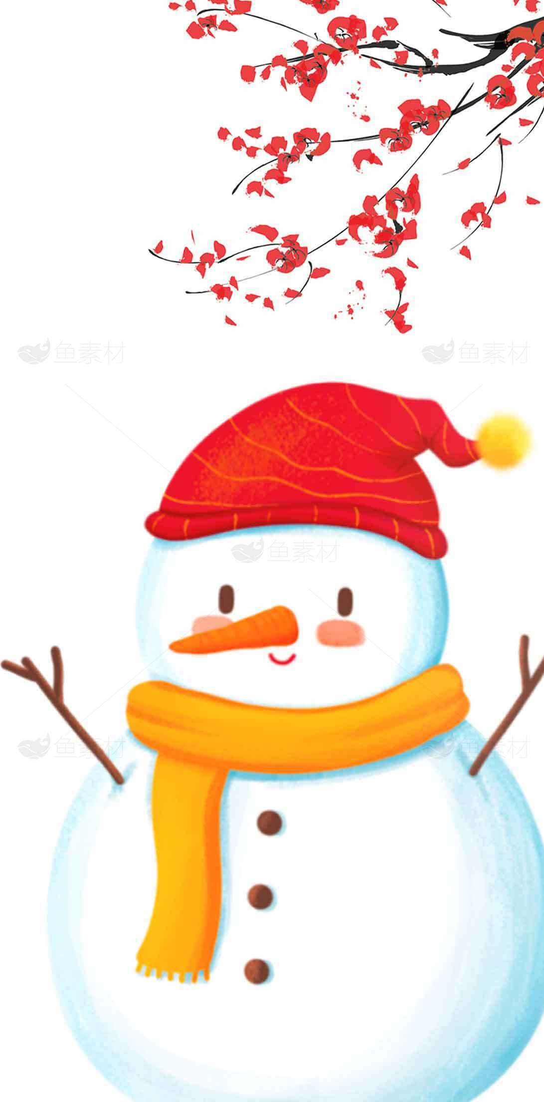 可爱雪人插画与冬季红梅主题图片素材