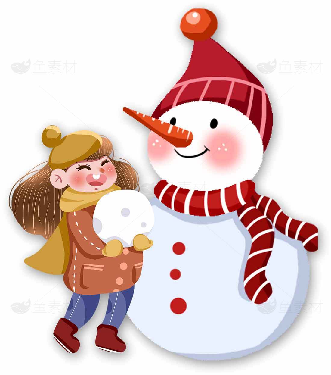 冬季雪人和女孩插画：温馨的冬日场景素材