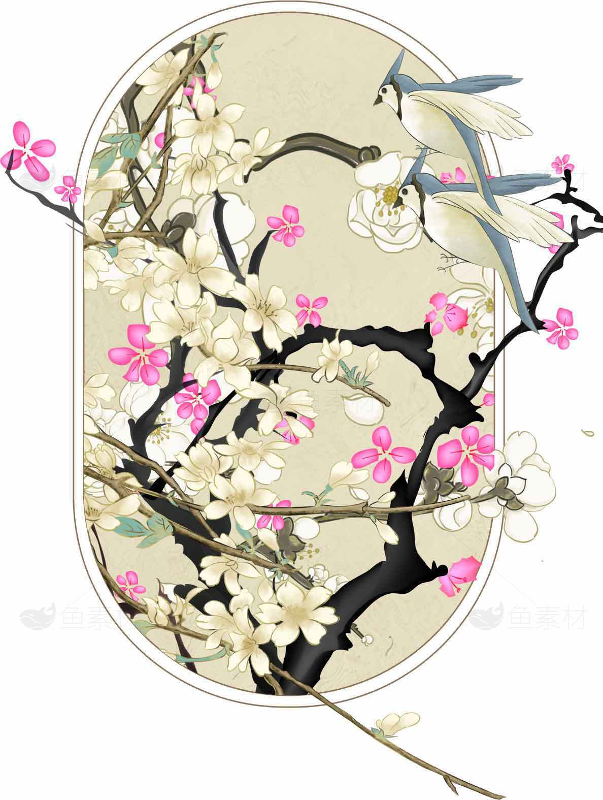 唯美中国风花鸟插画：春日樱花与蓝鸟素材