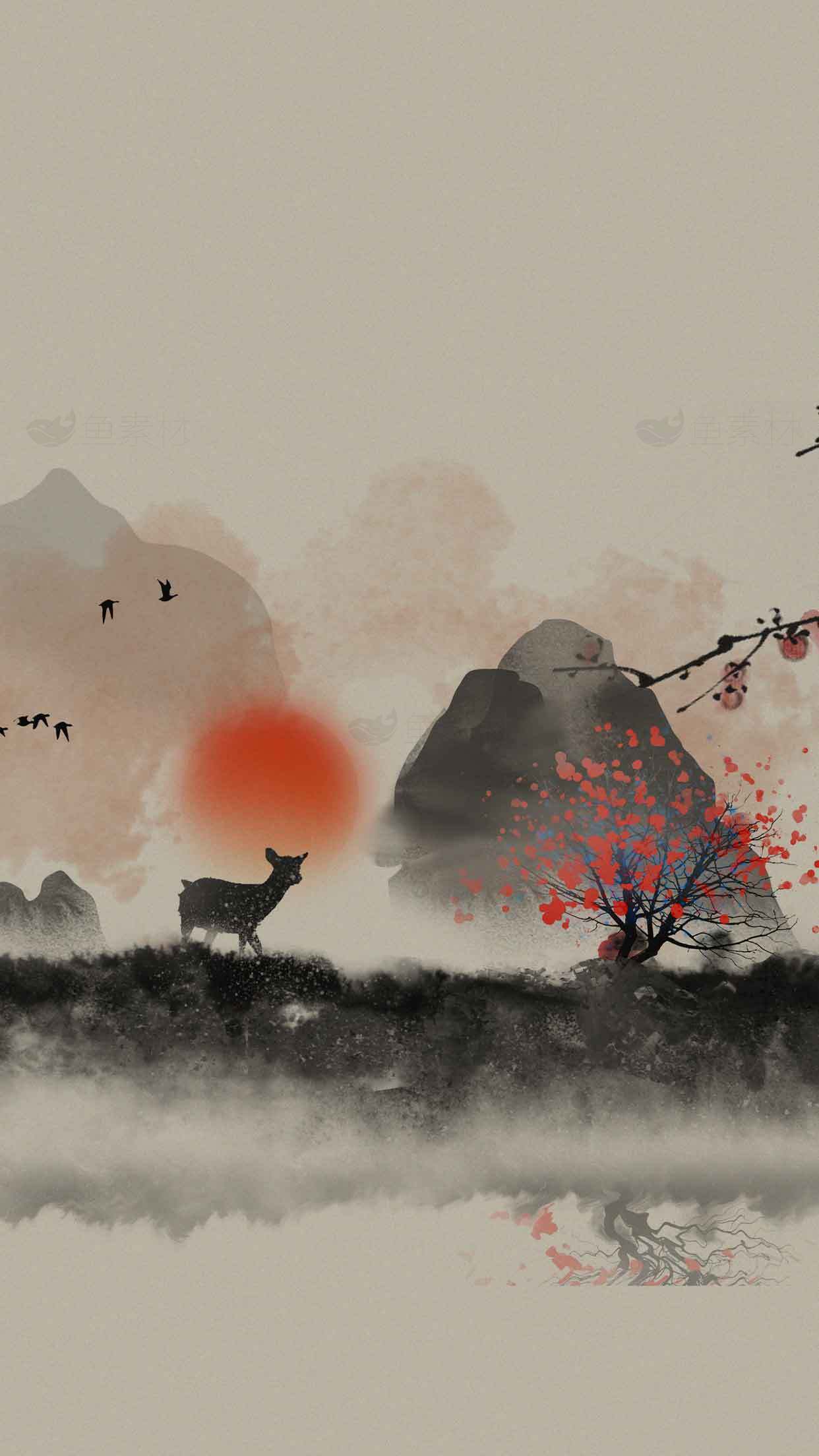 唯美水墨山水画：鹿与日出意境壁纸素材