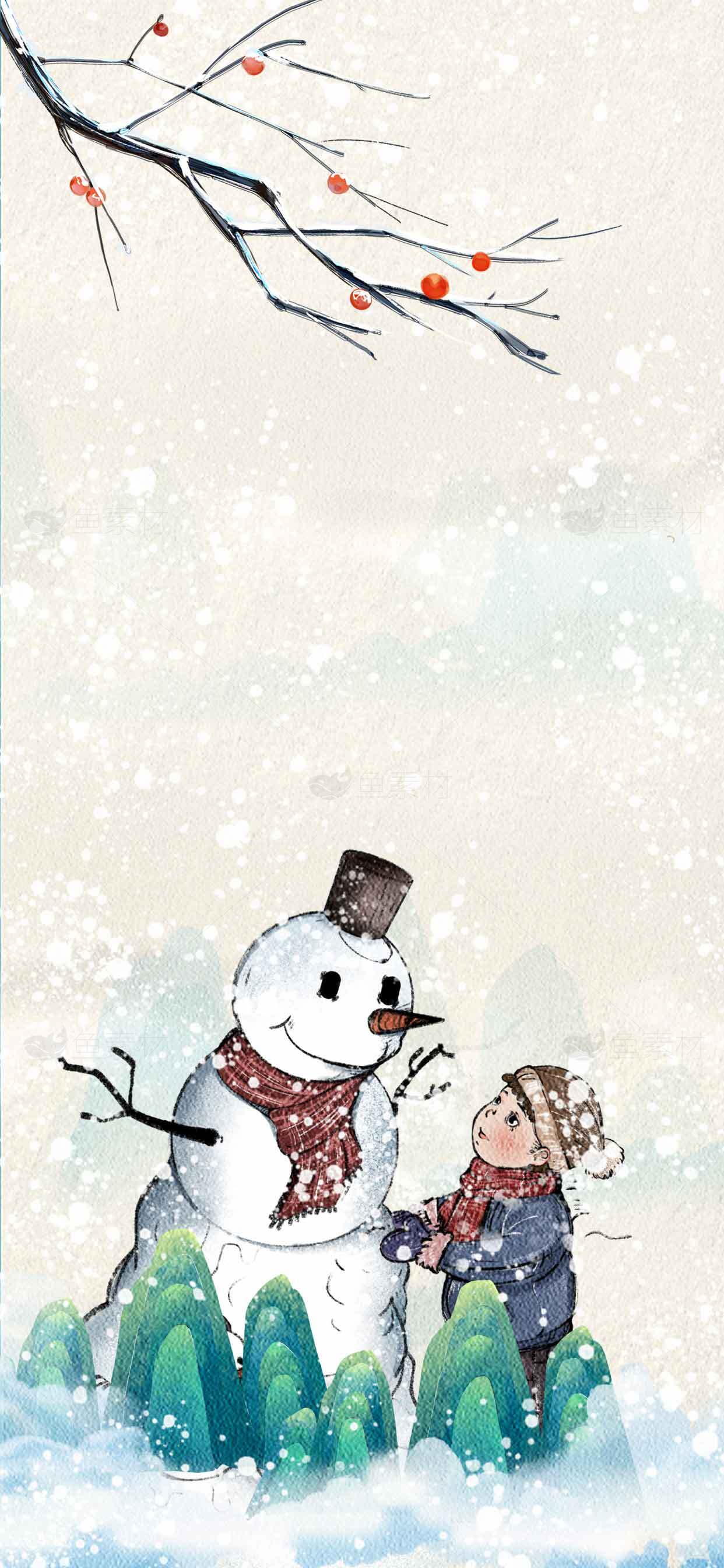 冬日雪景插画：堆雪人温馨场景素材