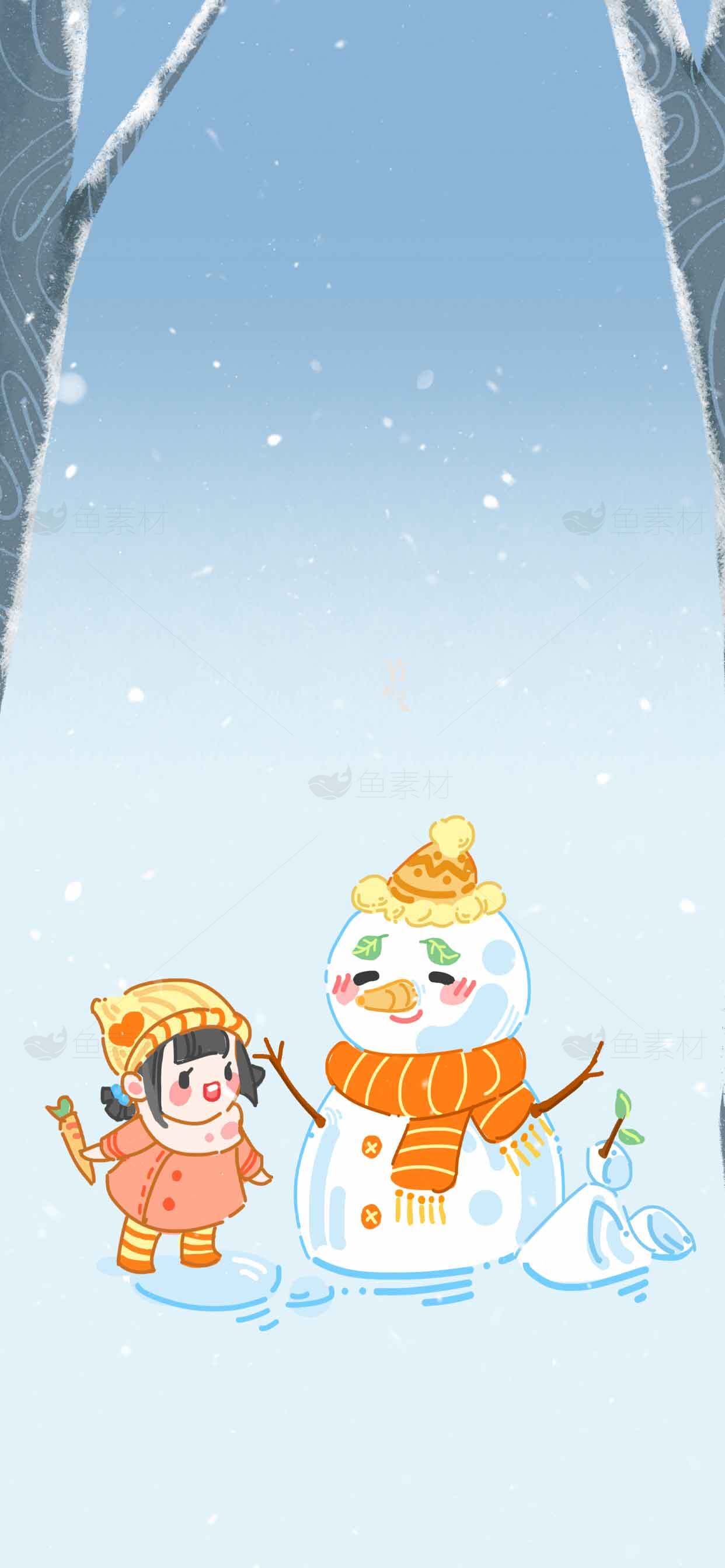冬日雪人和小女孩的温馨插画素材
