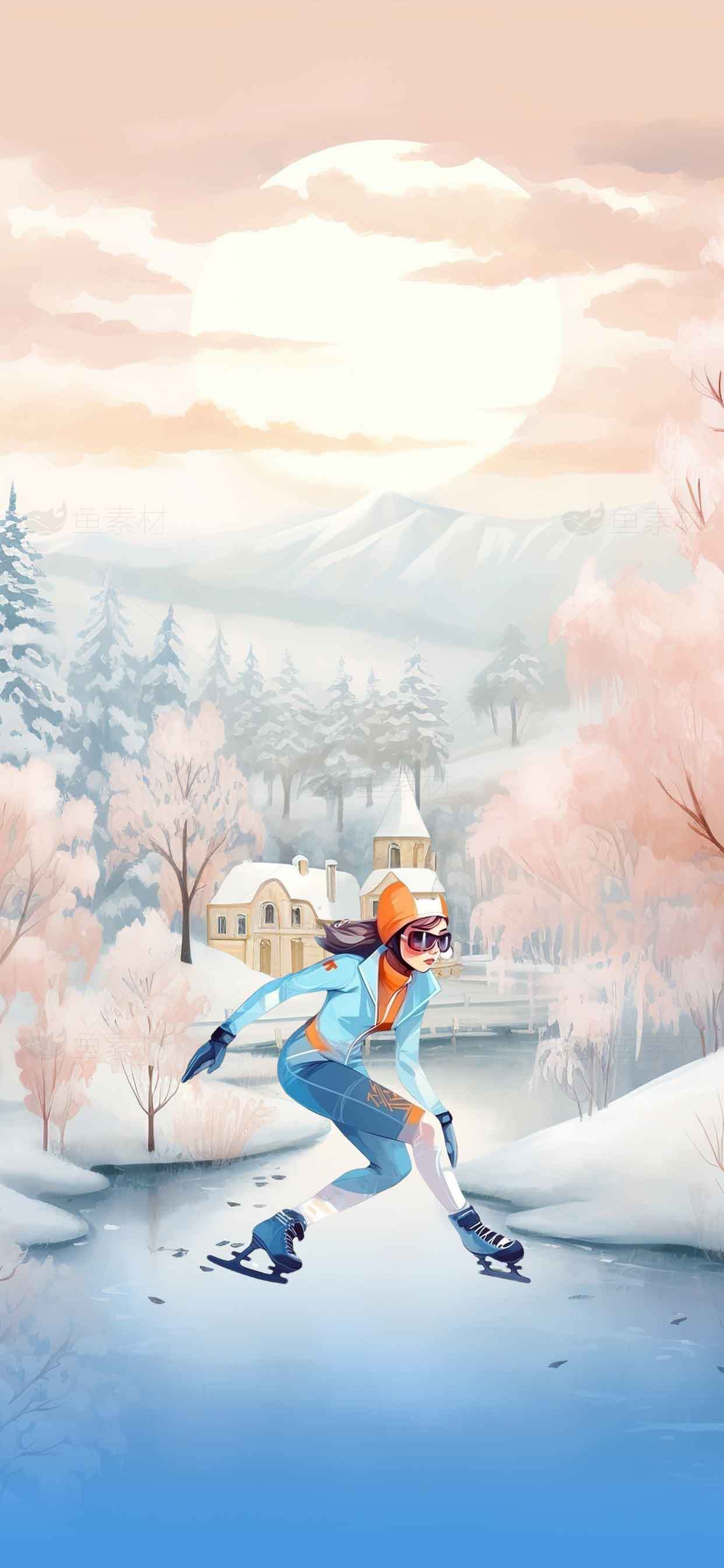冬季滑冰场景插画：冰雪世界中的运动之美素材