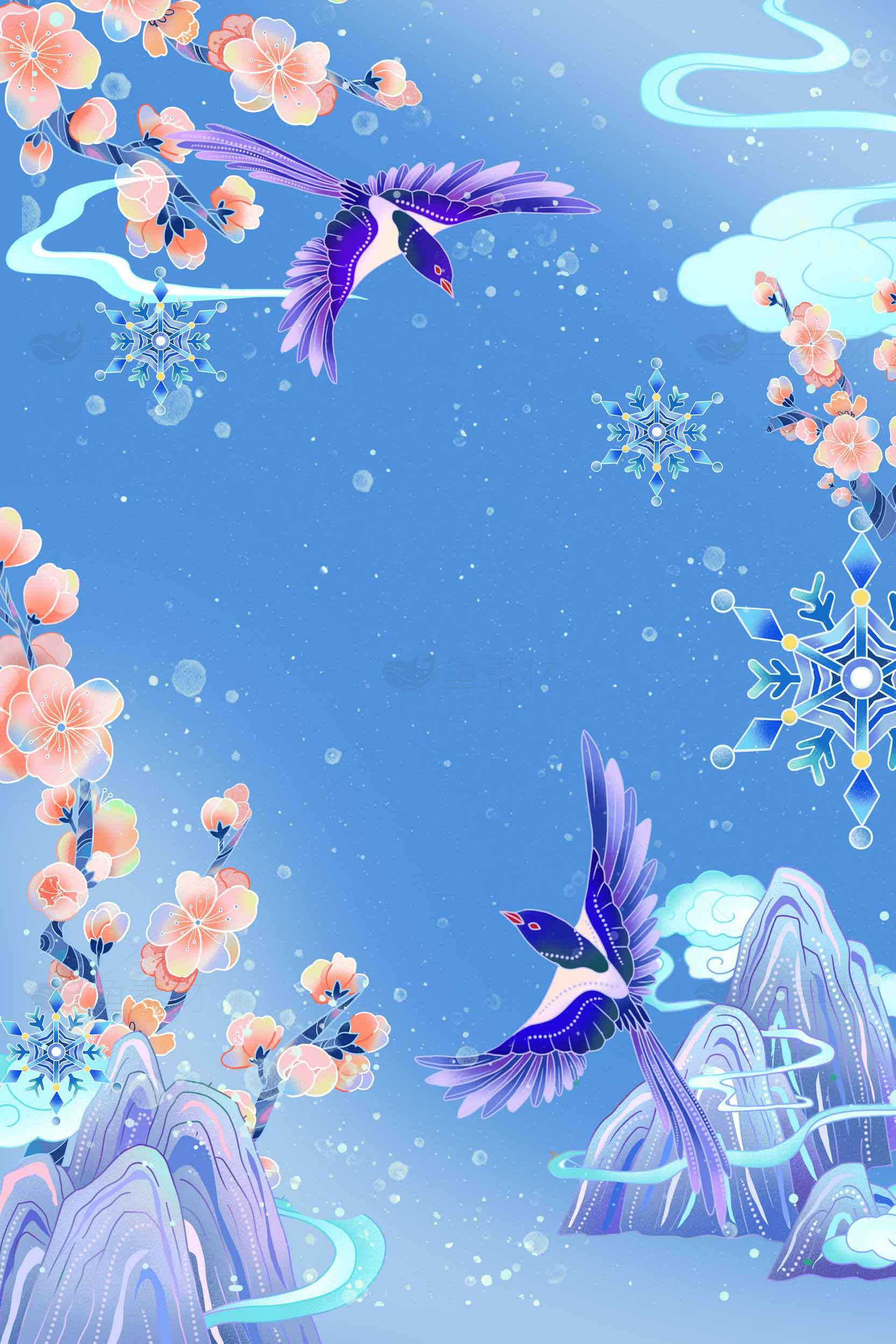 唯美蓝色背景插画：喜鹊与梅花的冬日景色素材