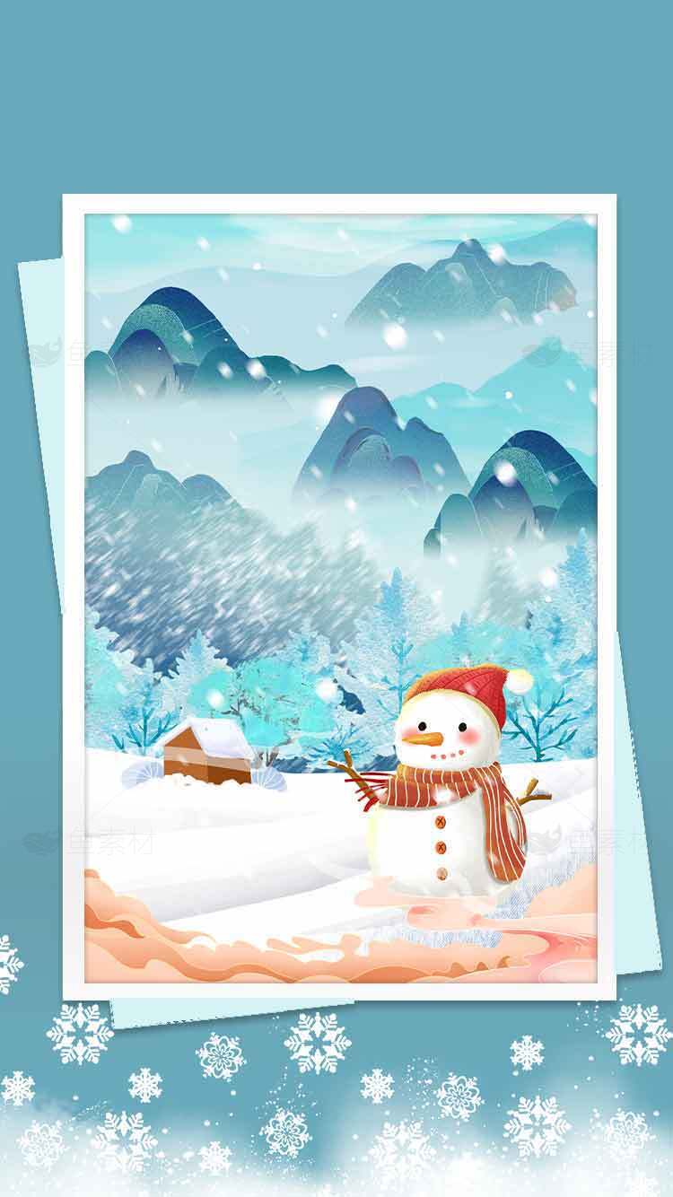 冬季雪景插画：可爱雪人与山林背景素材