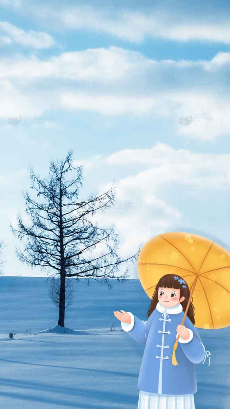  冬日雪景中的蓝衣女孩与黄色雨伞素材