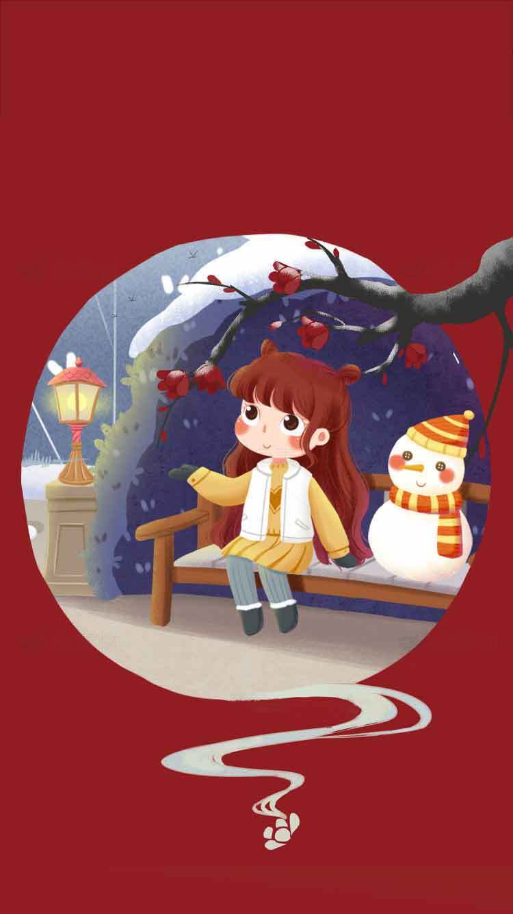 冬日雪景插画：女孩与雪人温馨时光素材