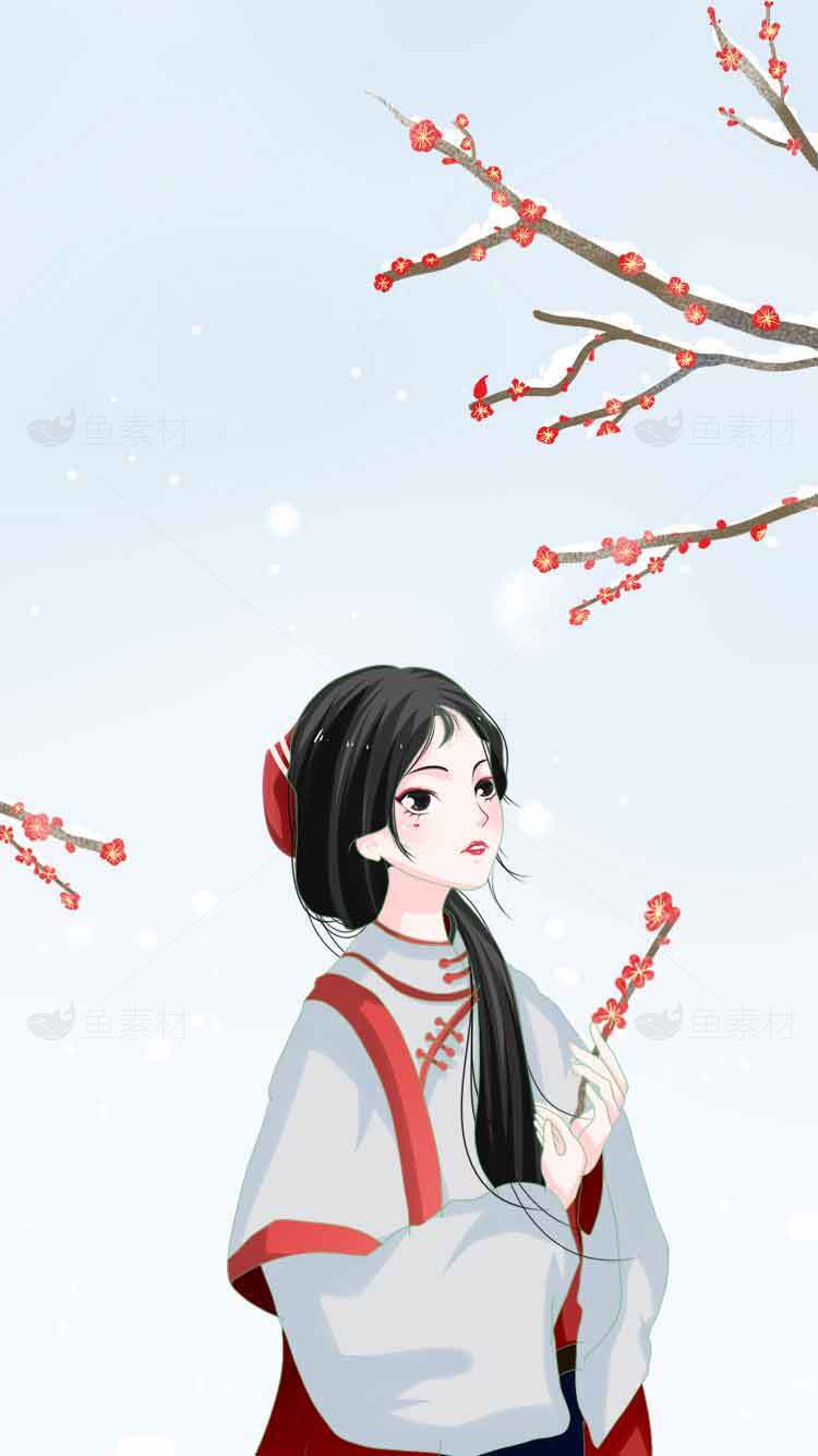 古风插画少女与梅花背景唯美场景
