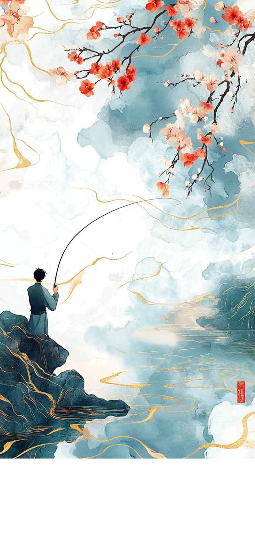 唯美国风插画：垂钓与春日桃花意境素材
