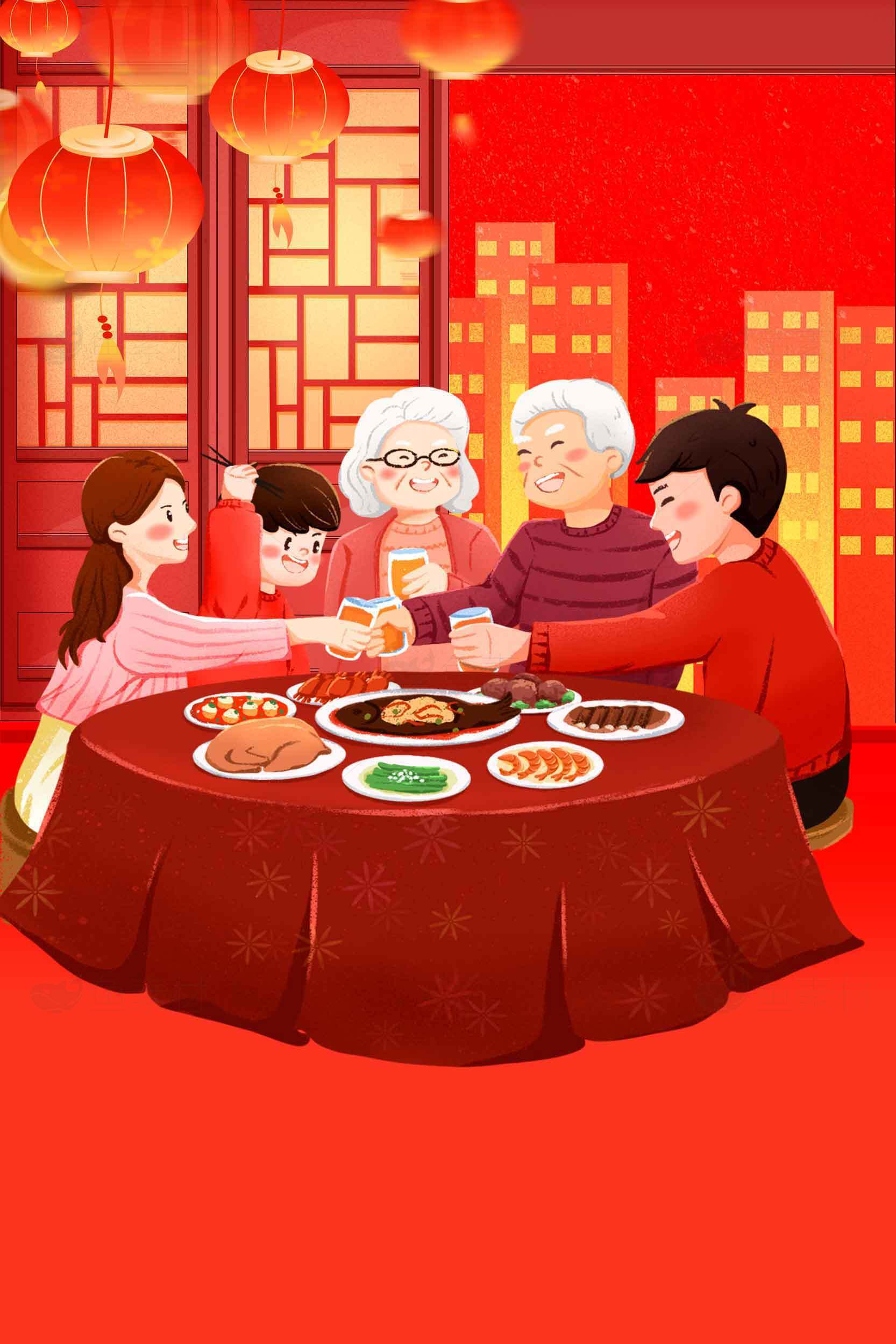 春节家庭团圆饭场景插画素材