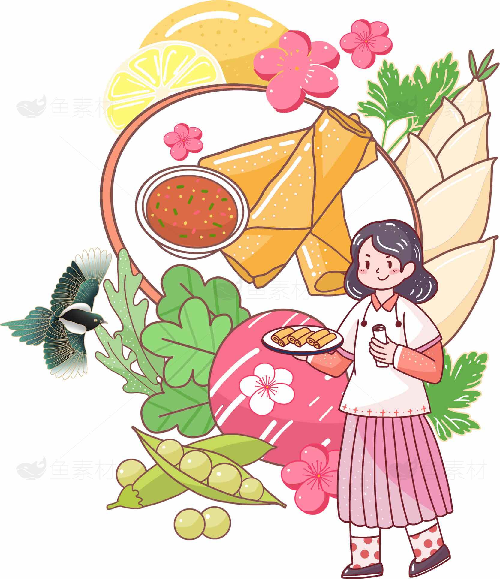 美食插画：春卷与酱料的美味搭配素材